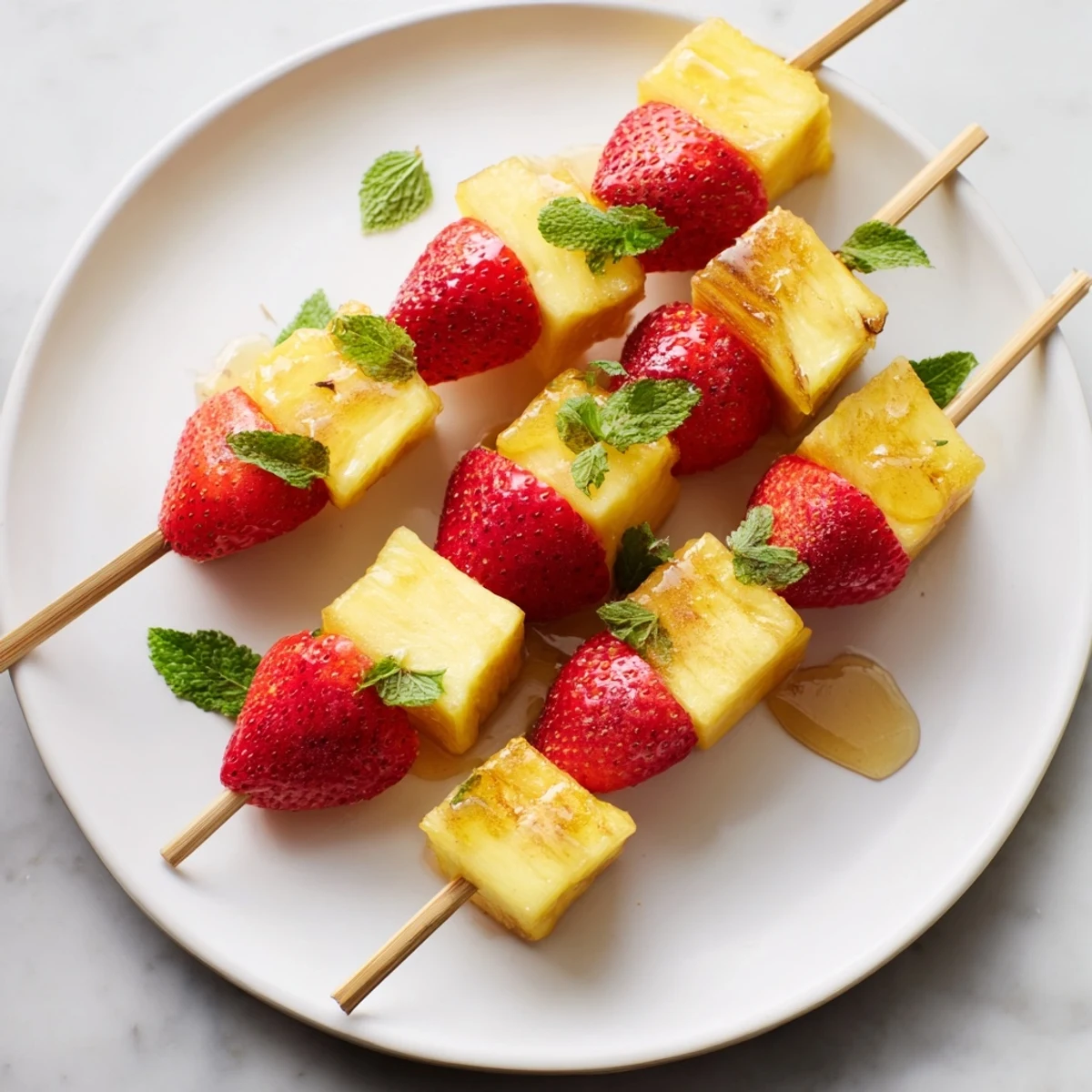 Juicy fruit skewers with pineapple, strawberries, and mint, a refreshing summer snack.