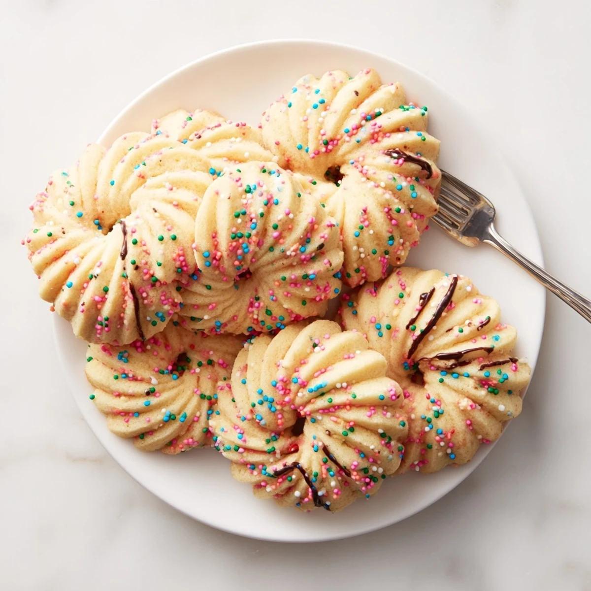 Golden-edged Spritz Cookies arranged as an exquisite fan, perfect for a special, buttery dessert.