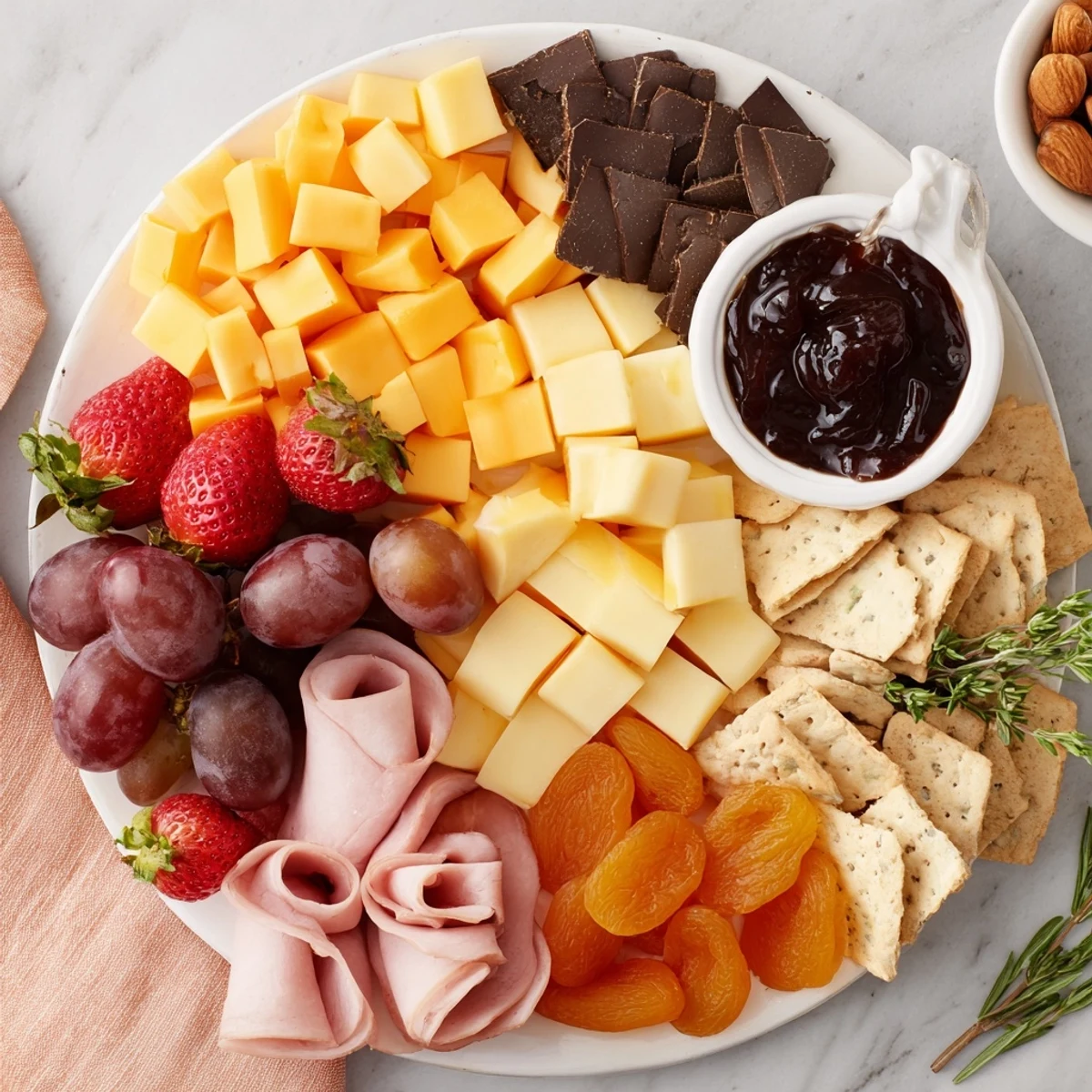 Heirloom Arrangement charcuterie board, with cheeses, meats, fruits, and nuts arranged for an anniversary.