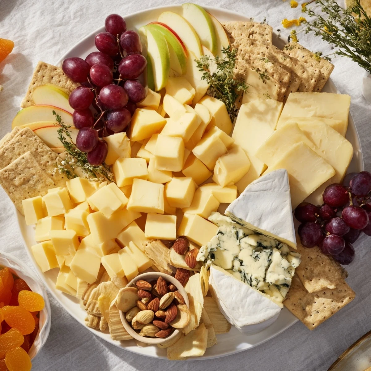 Einladende Open-House-Auswahl, dekoriert mit Käse, Crackern und Früchten, perfekt zum Teilen.