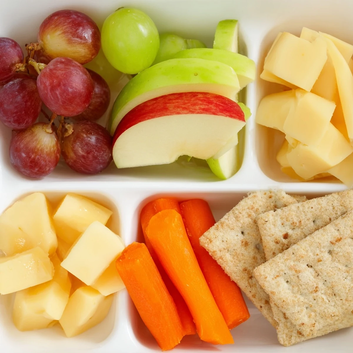 Road Trip Snack Box filled with colorful fruits, cheese, crackers, and hummus, ready to eat.