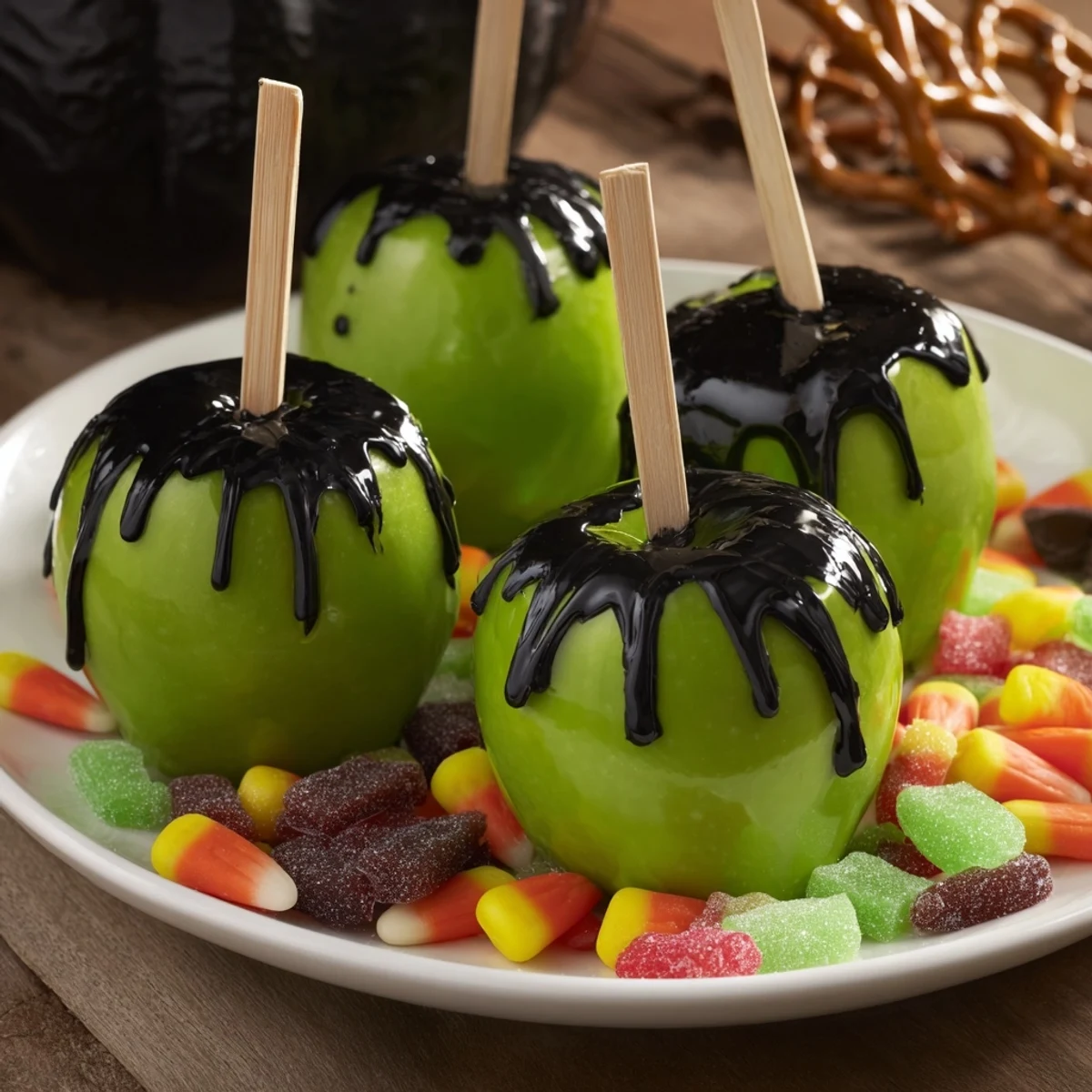 A visually appealing array of homemade poison apples, surrounded by dips and treats, perfect for Halloween.