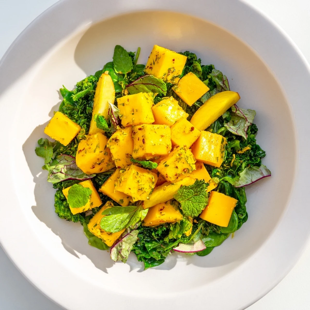A vibrant The Sunlit Glade salad, a colorful medley of yellow fruits over green greens.