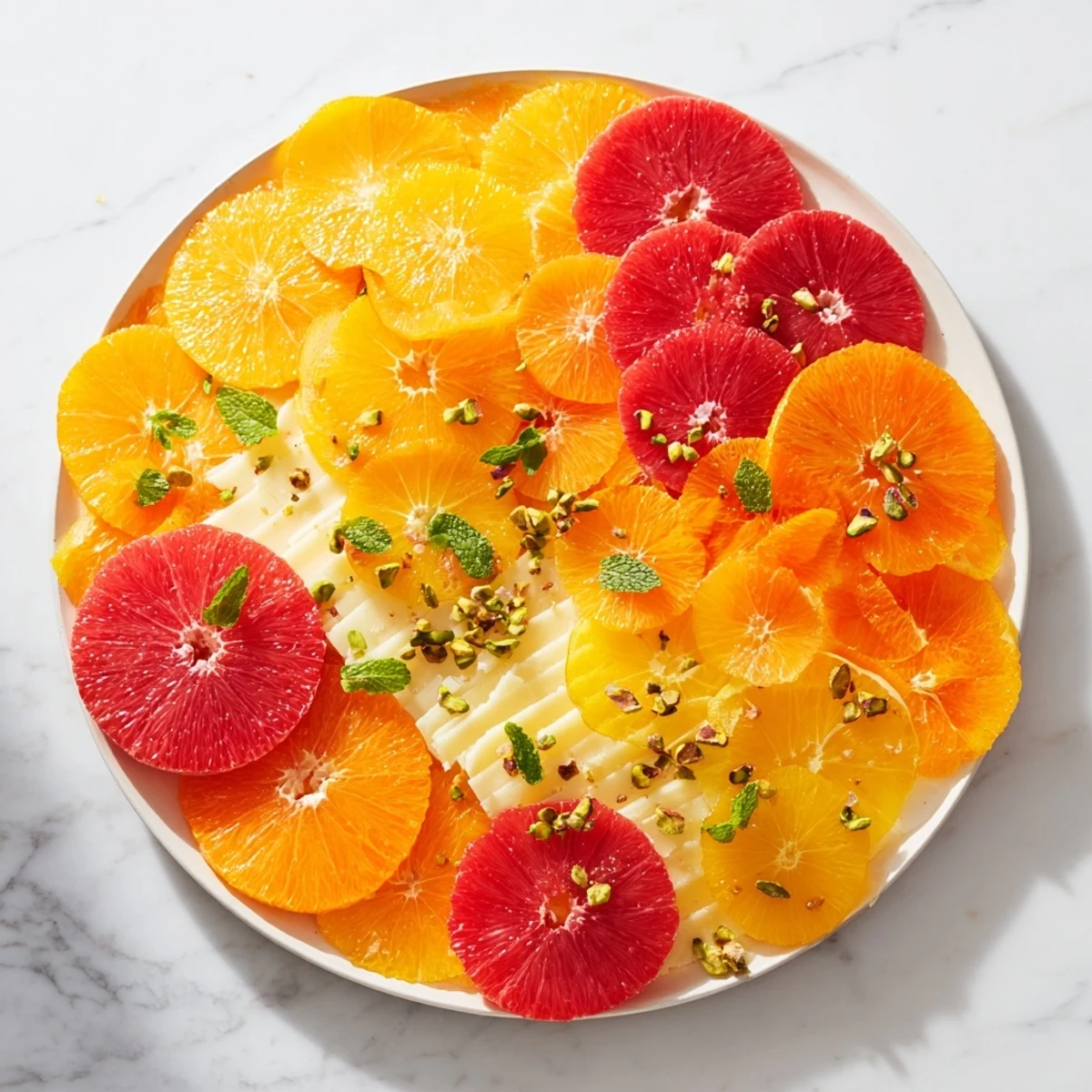 Close-up of a colorful "Clockwork Orange" appetizer featuring citrus and cheese on a platter.