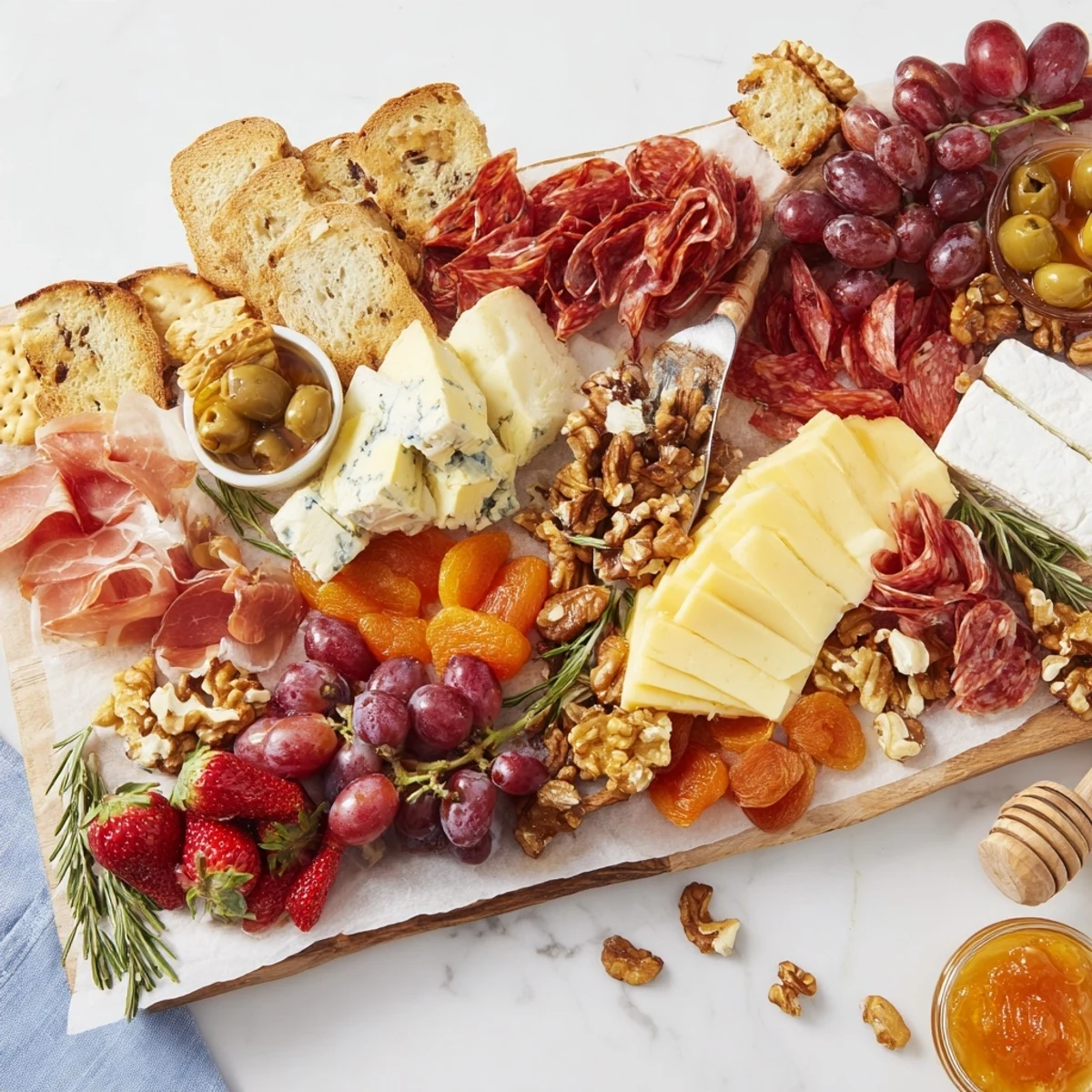Overflowing Waterfall Edge Grazing Board with brie, grapes, and salami, ready to be enjoyed.