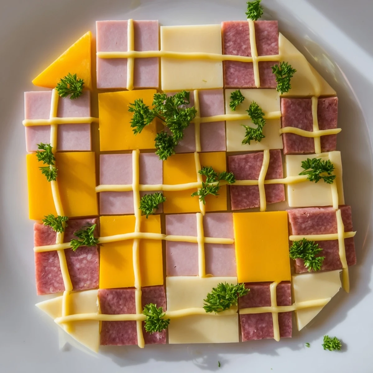 A vibrant Patchwork Quilt appetizer with colorful meats and cheeses, stitched with flavorful mustard.