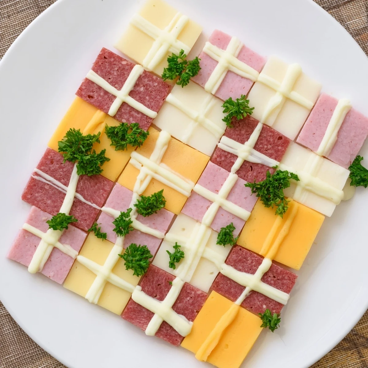 Sliced meats and cheeses arranged like a quilt, The Patchwork Quilt recipe is ready to serve.