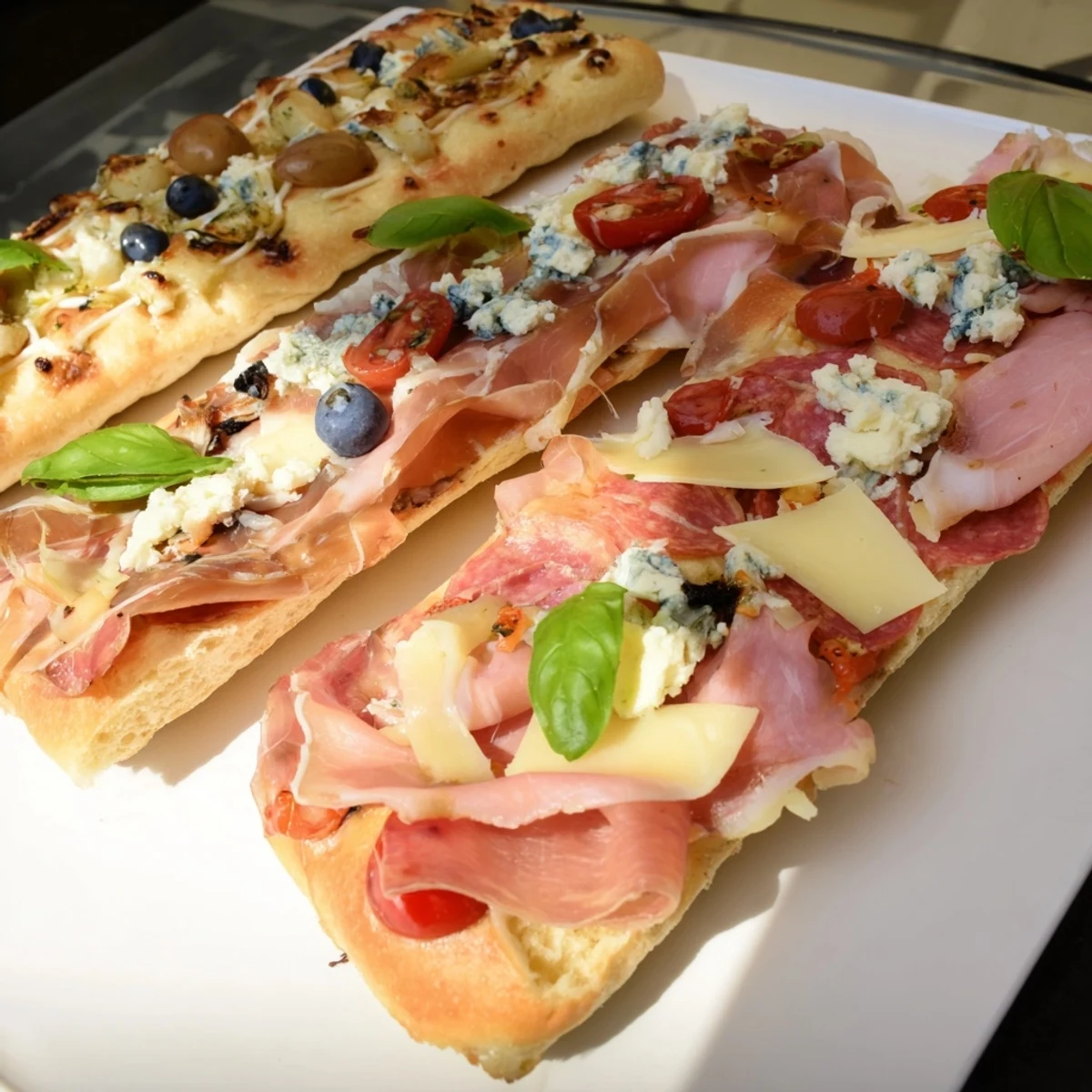 Golden, crispy The Rustic Raft flatbread appetizer loaded with meats, cheeses, and fresh garnishes.