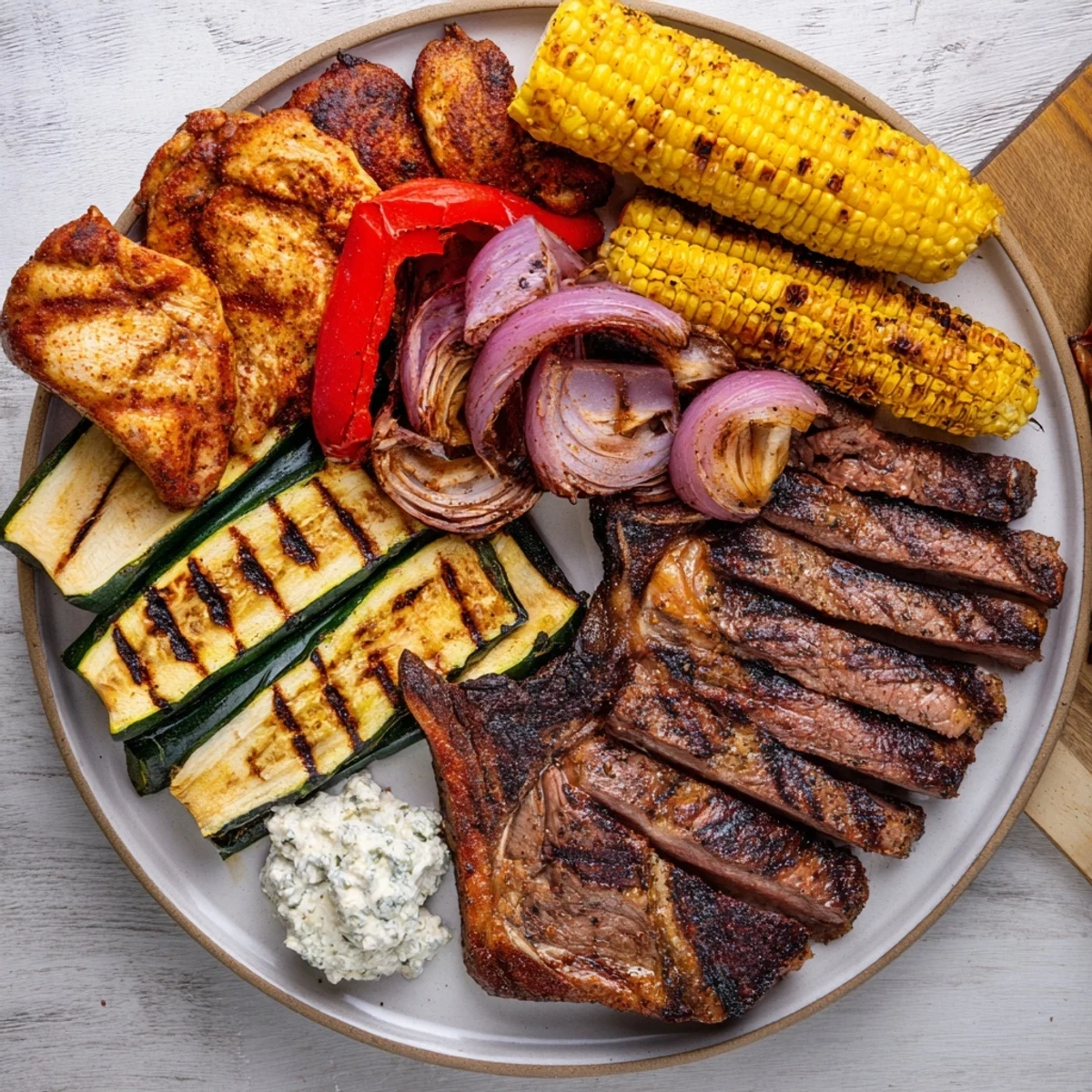 Grilled Backyard BBQ Companion platter with sizzling meats, char-grilled vegetables, and savory dips.