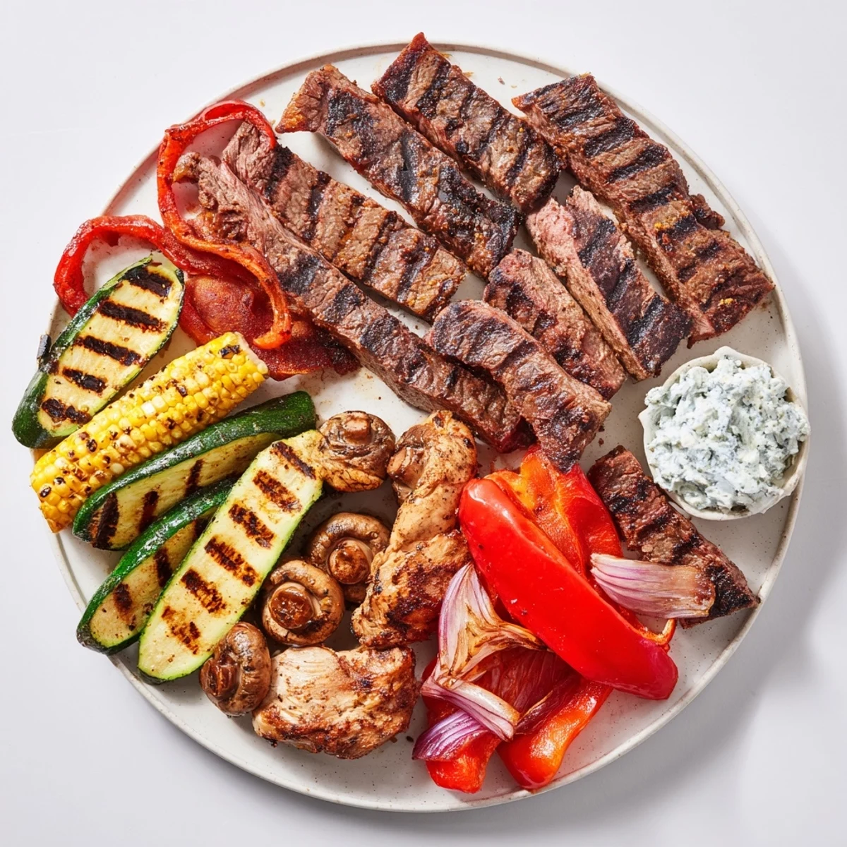 A photo of a Backyard BBQ Companion, showcasing grilled ribs, chicken, and colorful, abundant vegetable sides.