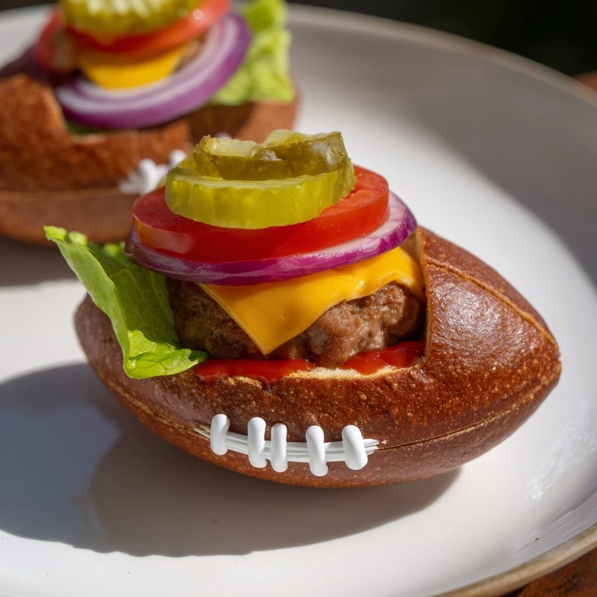 Oval American Football Burger Platter with melted cheese, tomato, and lettuce, ready to eat.