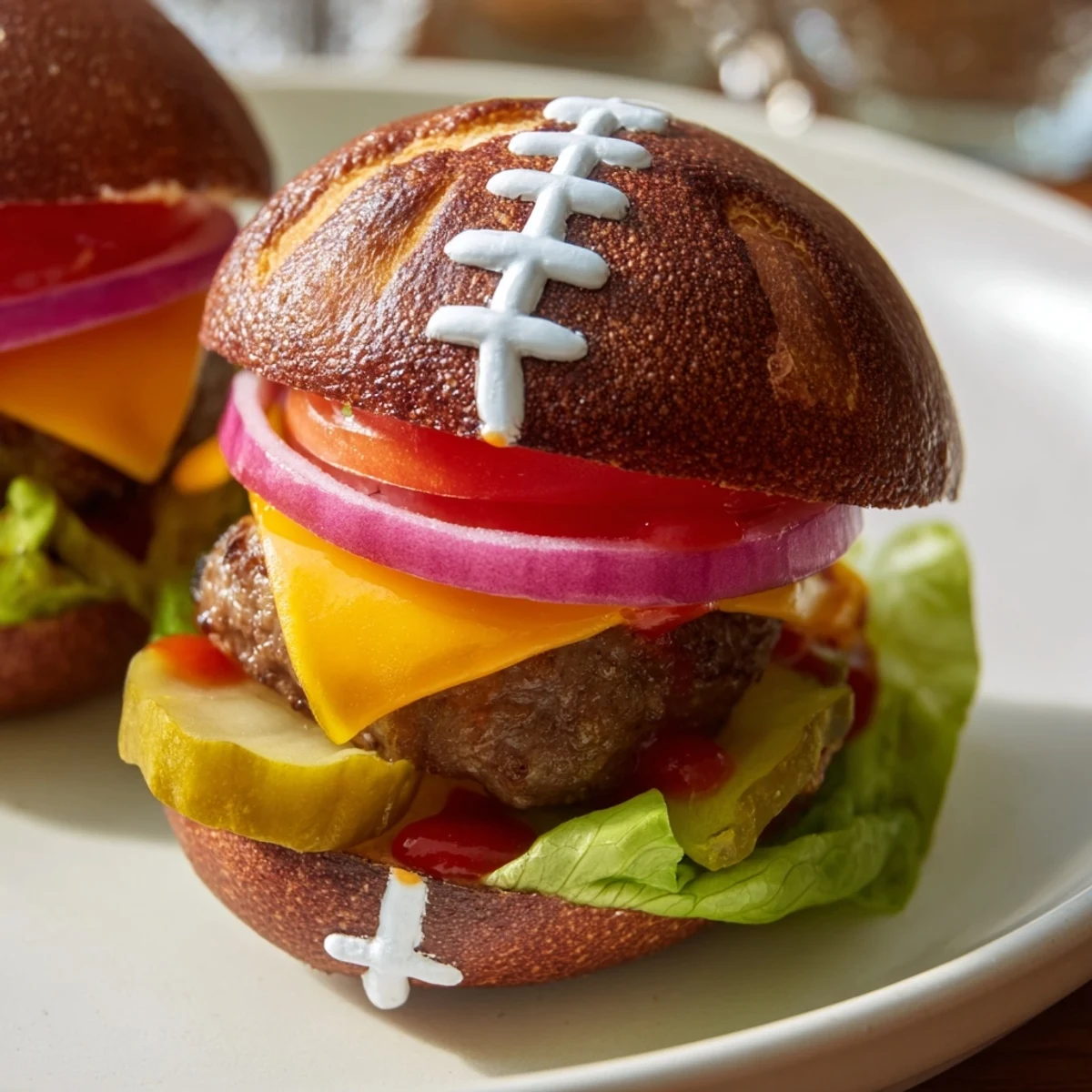 Mini American football burger platter, showcasing juicy patties with melting cheese and fresh garnishes.