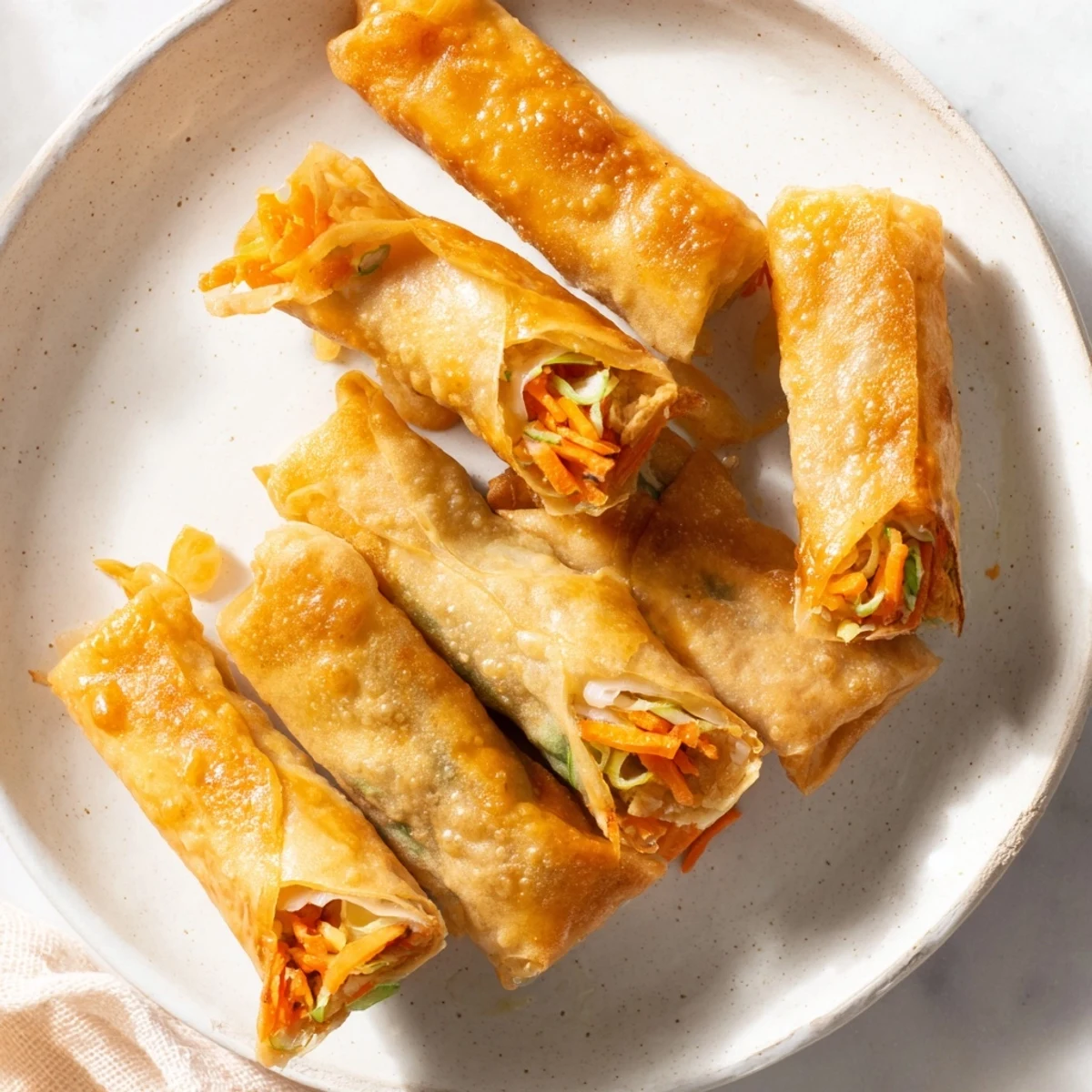Golden brown Air Fryer Chicken Lumpia Bites, a Filipino appetizer ready to be dipped.
