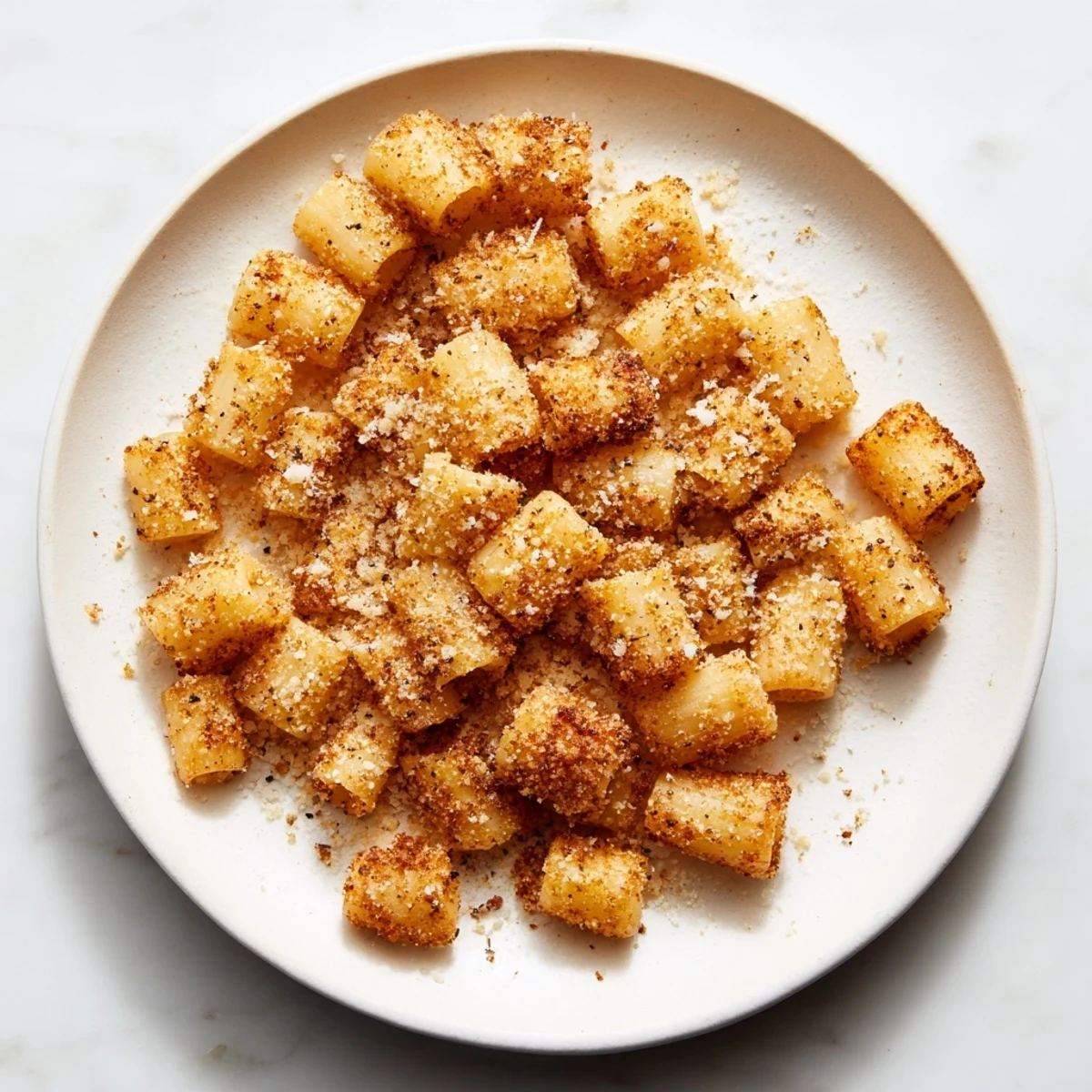 Tempting view of air fryer pasta croutons, seasoned with spices, ready to elevate every dish.