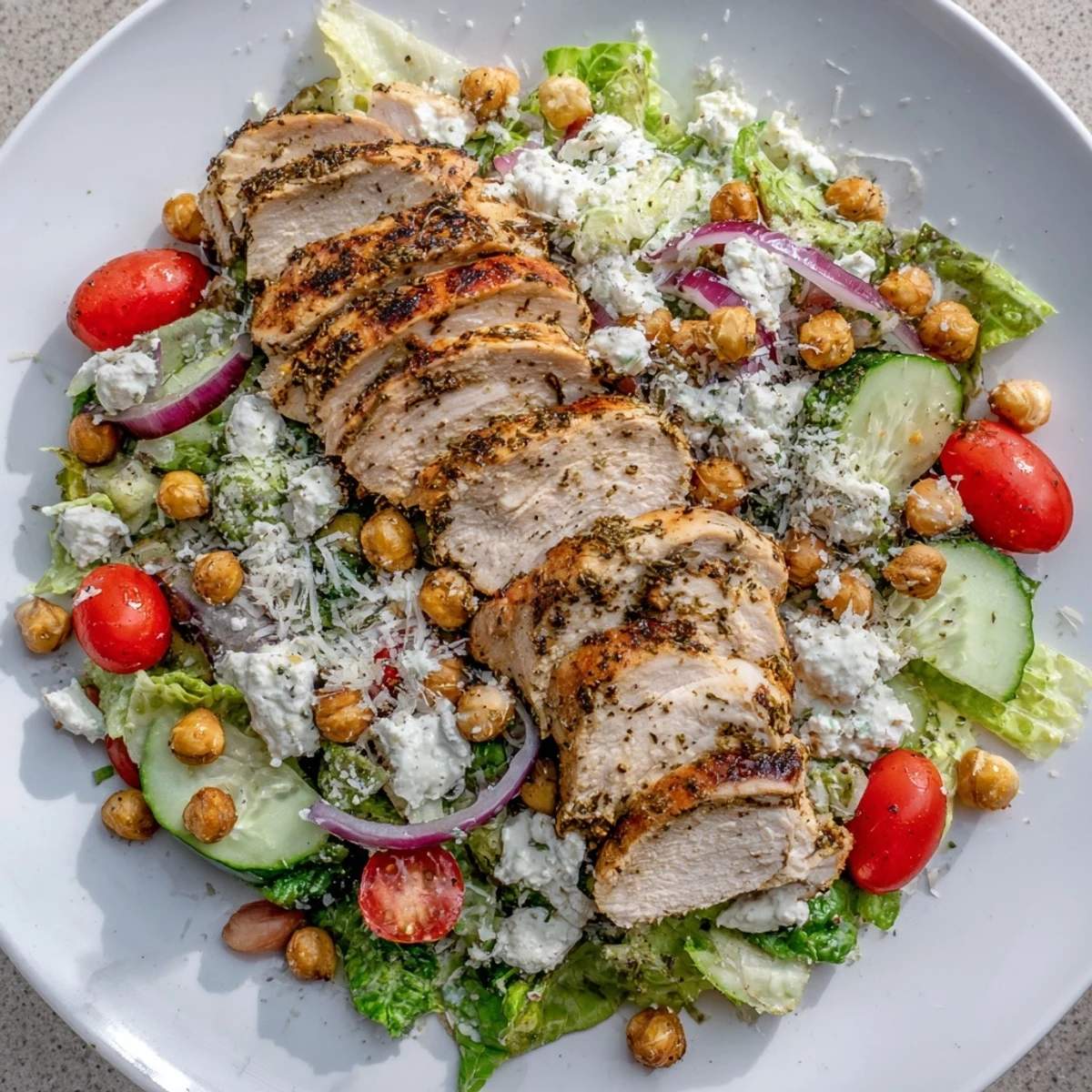 This Chicken Caesar Pasta-less Bowl features beautifully grilled chicken, ready to eat in a refreshing salad.