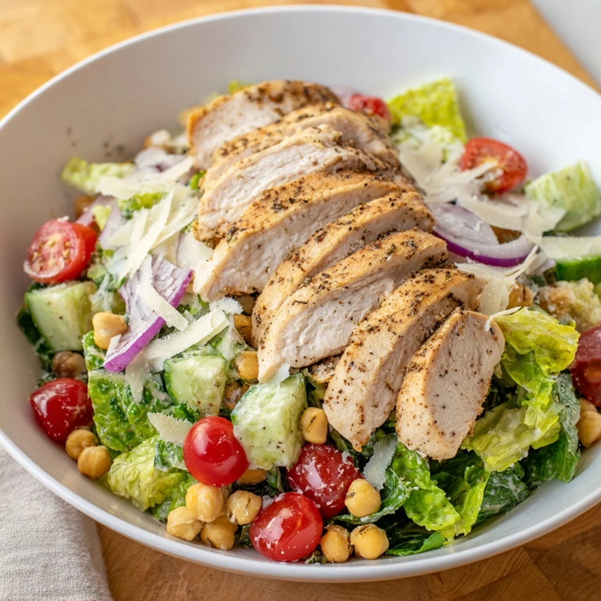 Chicken Caesar Pasta-less Bowl with grilled chicken and fresh romaine lettuce, a tasty no-pasta meal.