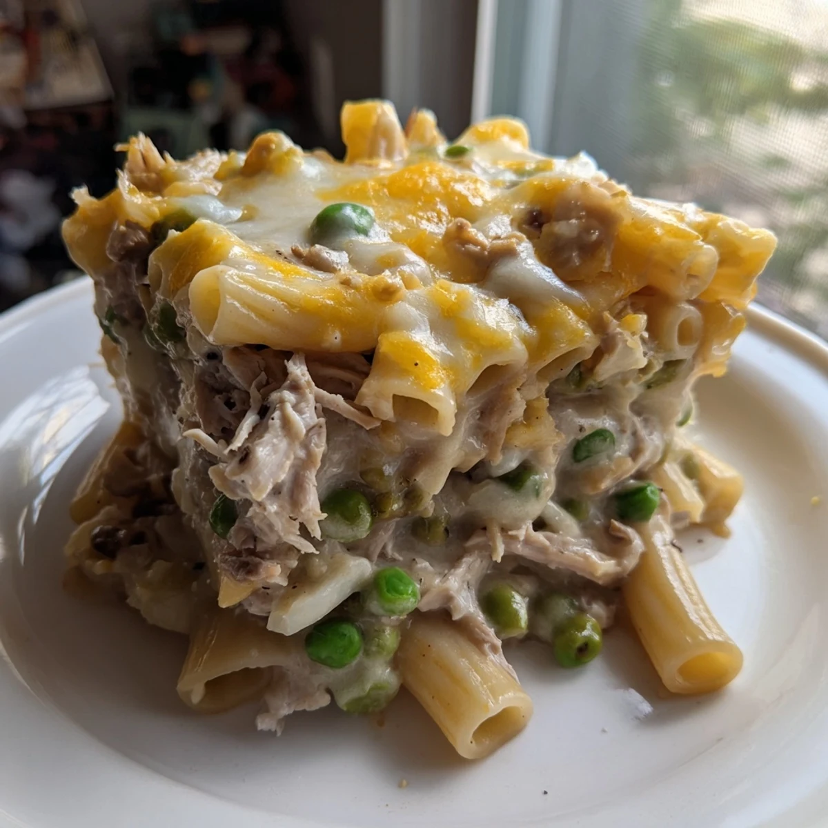 Feuchtigkeitsmacher-Pasta-Auflauf, dampfend heiß, mit goldbraun gebackenem Käse und Nudeln.