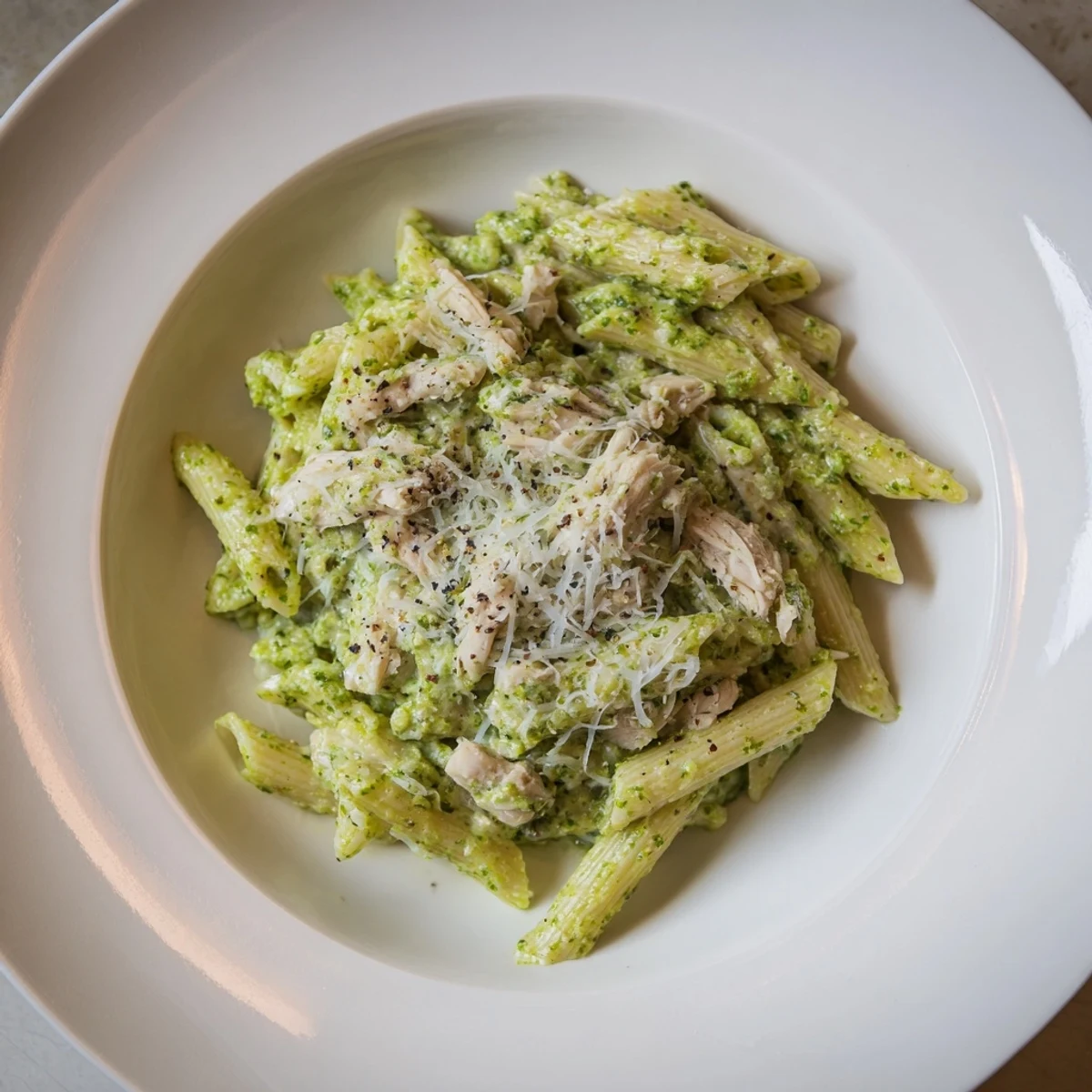 A steaming bowl of 10-Minute Pesto Pasta with Chicken, garnished with fresh basil leaves.