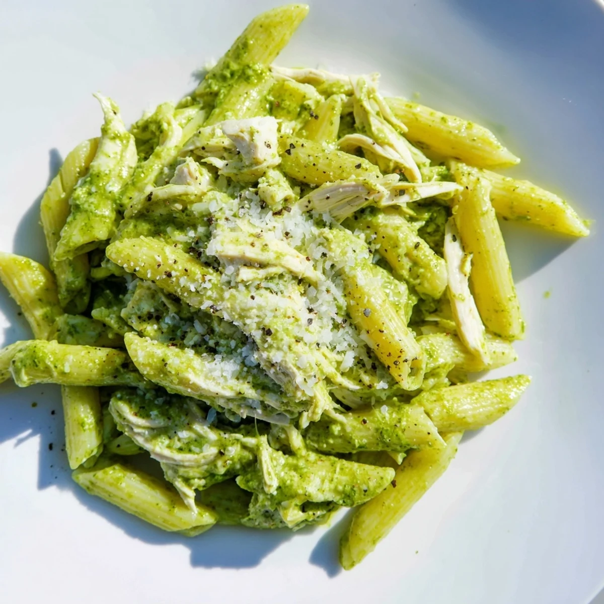 Quick and easy 10-Minute Pesto Pasta with Chicken ready to eat, topped with Parmesan.