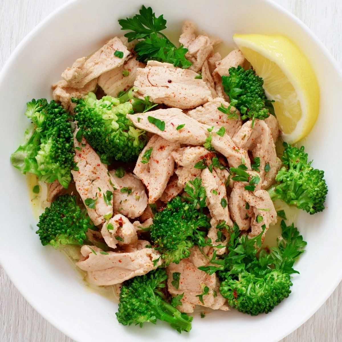 Tender Microwave-Steamed Chicken and Broccoli, a healthy lunch with vibrant, cooked broccoli florets and chicken.