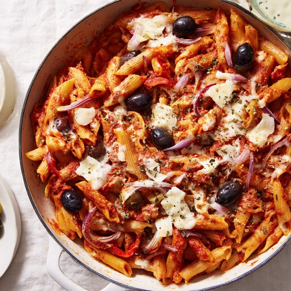 Steaming one-pot pizza pasta with melted mozzarella and colorful pizza toppings, perfect for dinner.