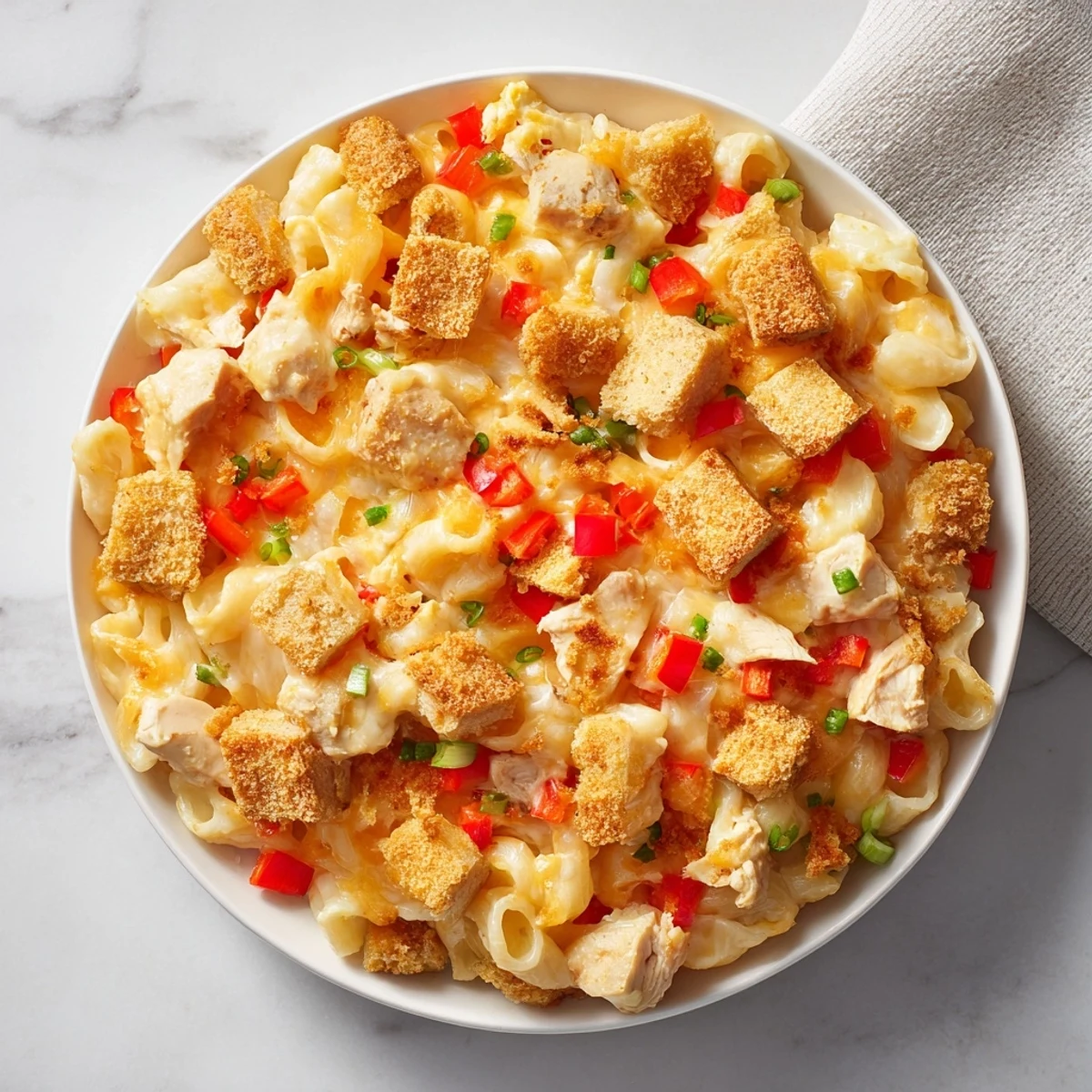 Creamy Chicken Macaroni Southern Style casserole, bubbling hot with melted cheese and a golden topping.