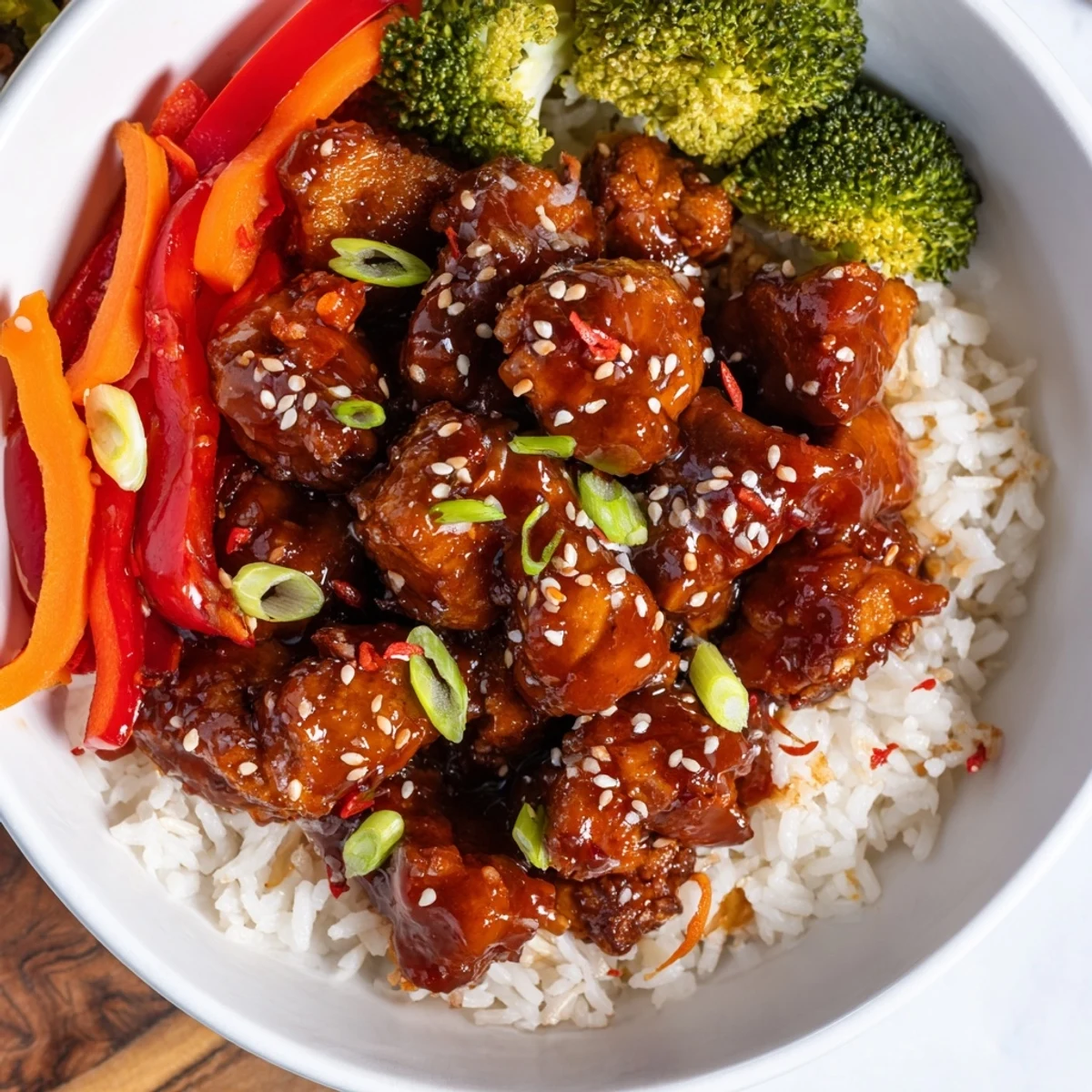 Saftiges Teriyaki-Hühnchen auf Reis, angerichtet mit gedünstetem Gemüse, eine köstliche Mahlzeit.