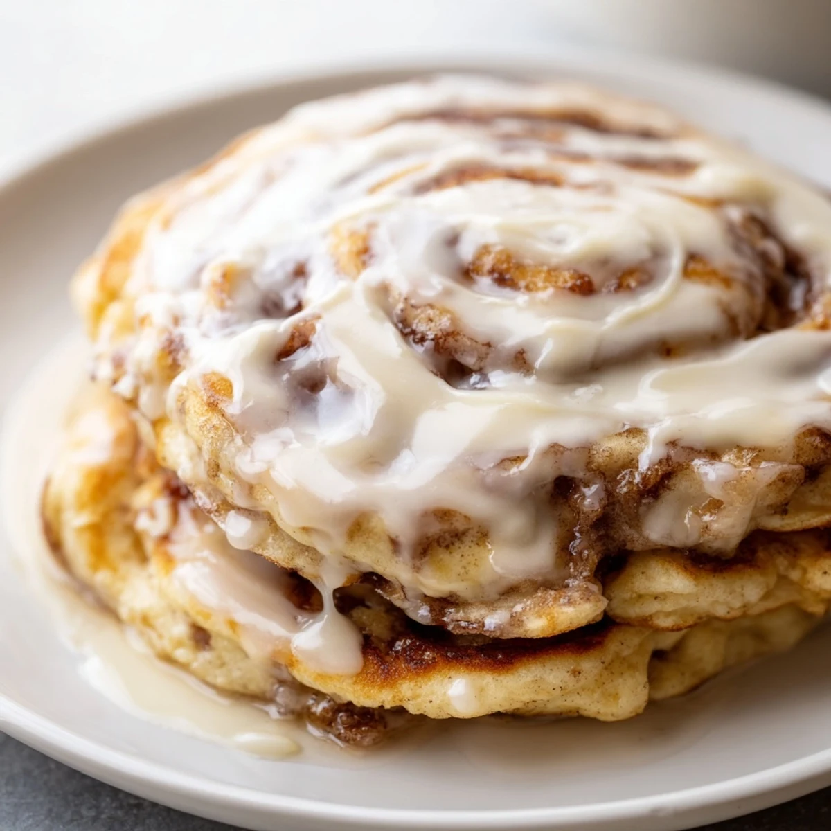 Fluffy, golden Cinnamon Roll Pancakes drizzled with a rich cream cheese glaze look utterly delicious.