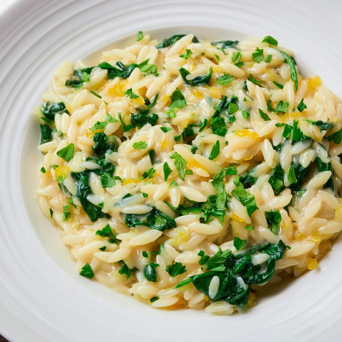Cremige One-Pot Orzo, dampfend heiß serviert, mit Parmesan und frischer Petersilie.