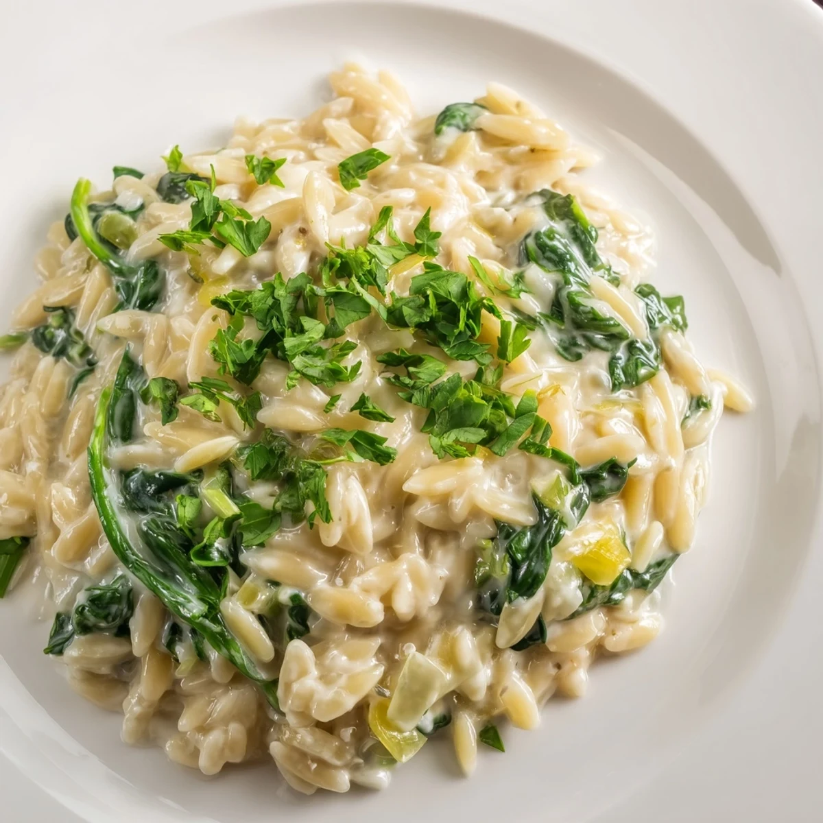 Nahaufnahme von perfekt gekochtem One-Pot Creamy Orzo, angerichtet in einer flachen Schüssel für ein Gericht.