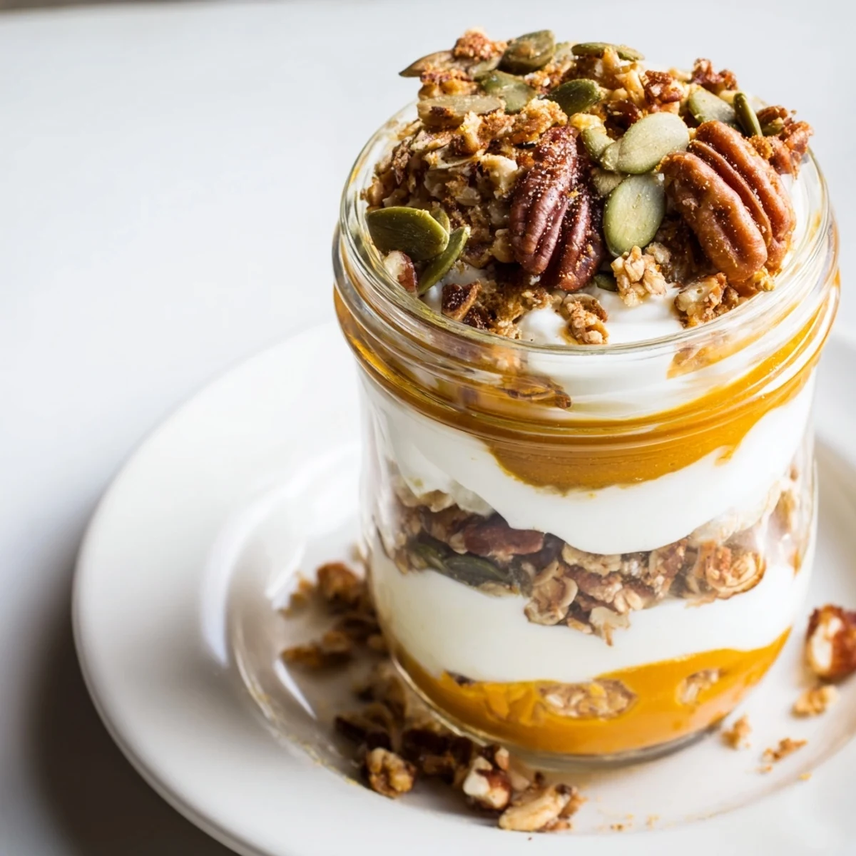 Creamy, layered Pumpkin Yogurt Parfait, showing pumpkin and yogurt with granola, perfect for an afternoon snack.