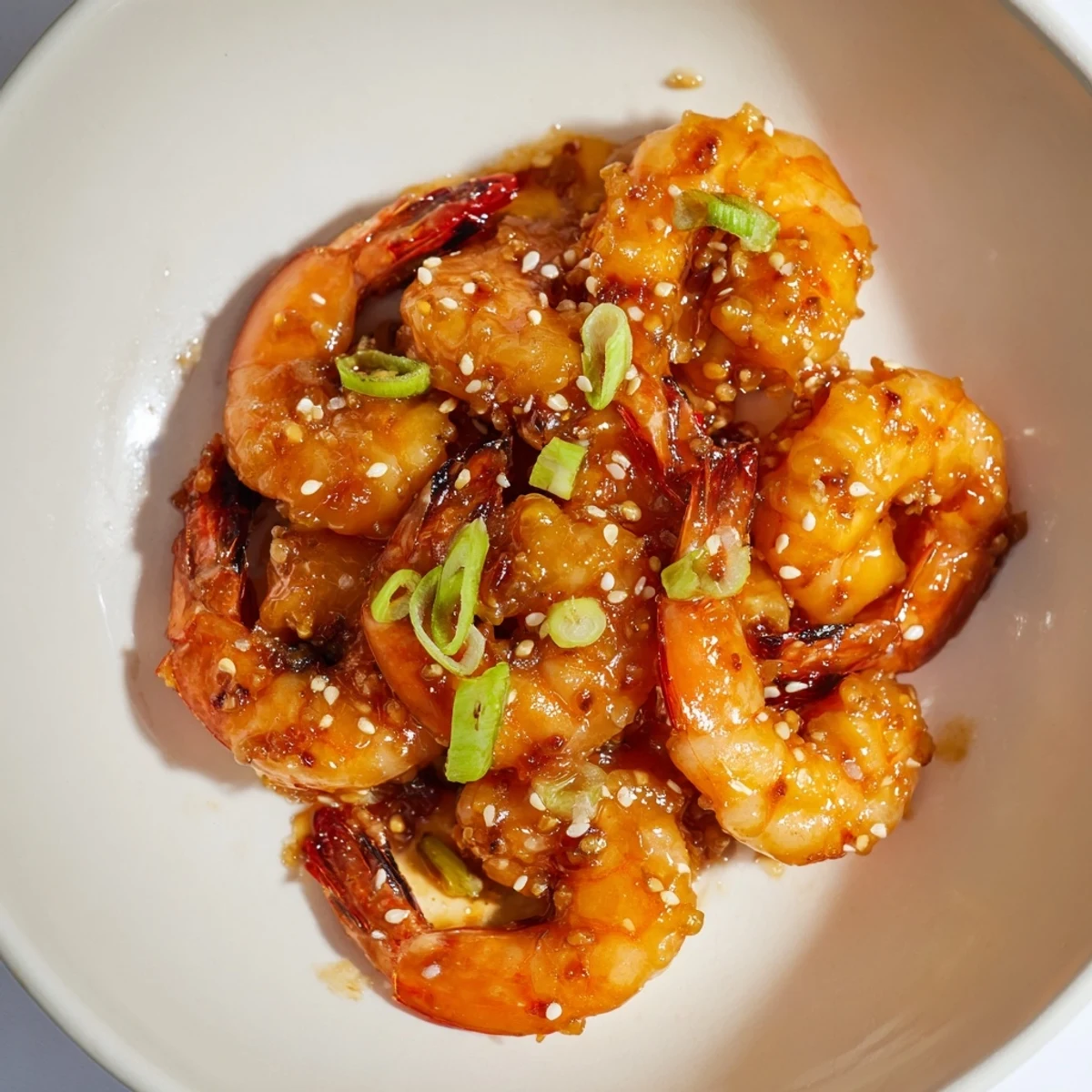 Succulent Honey Garlic Shrimp in a skillet, glistening with a sweet, savory glaze ready to eat.