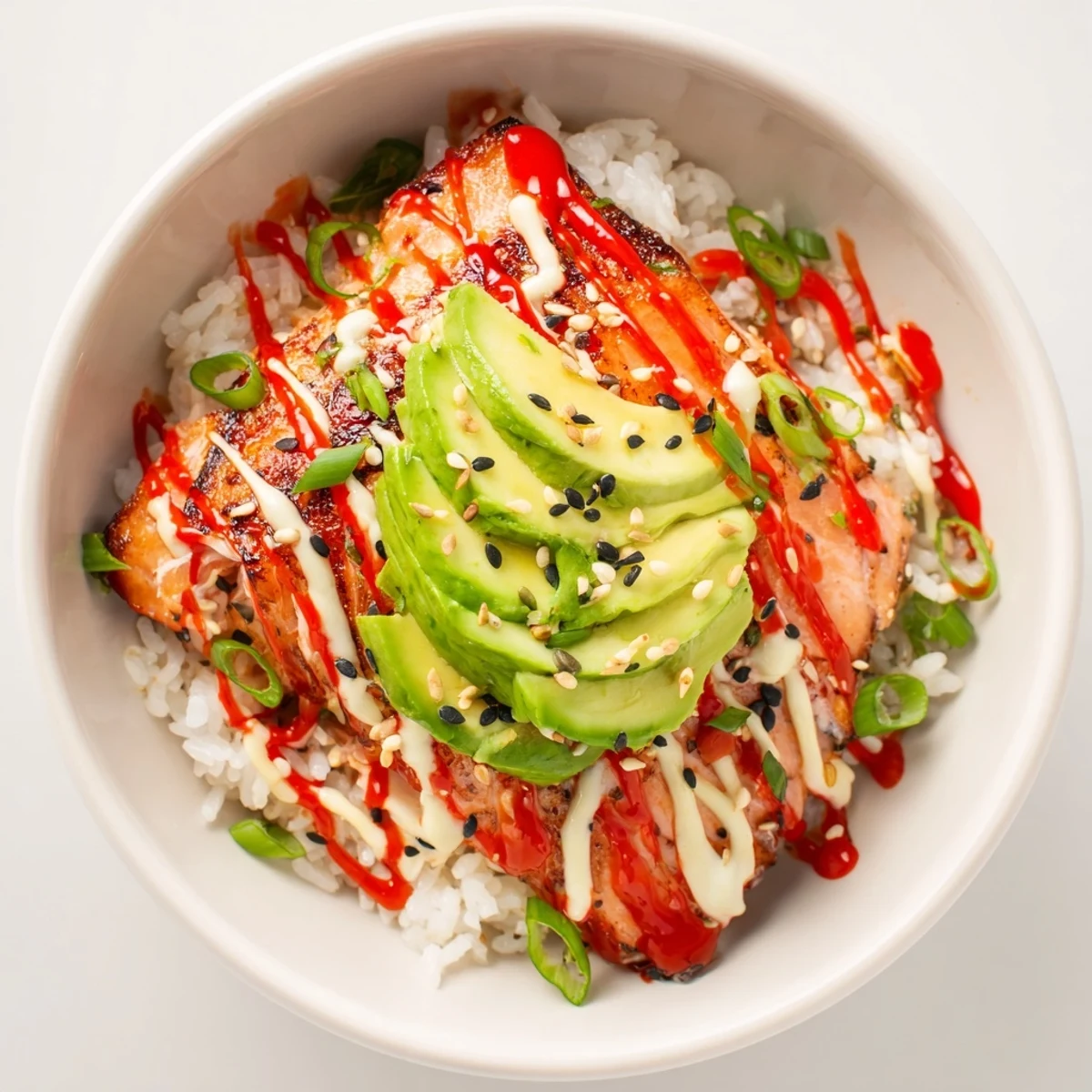 Flavorful Classic Salmon Rice is shown, a quick meal with salmon, soft rice, and vibrant toppings.