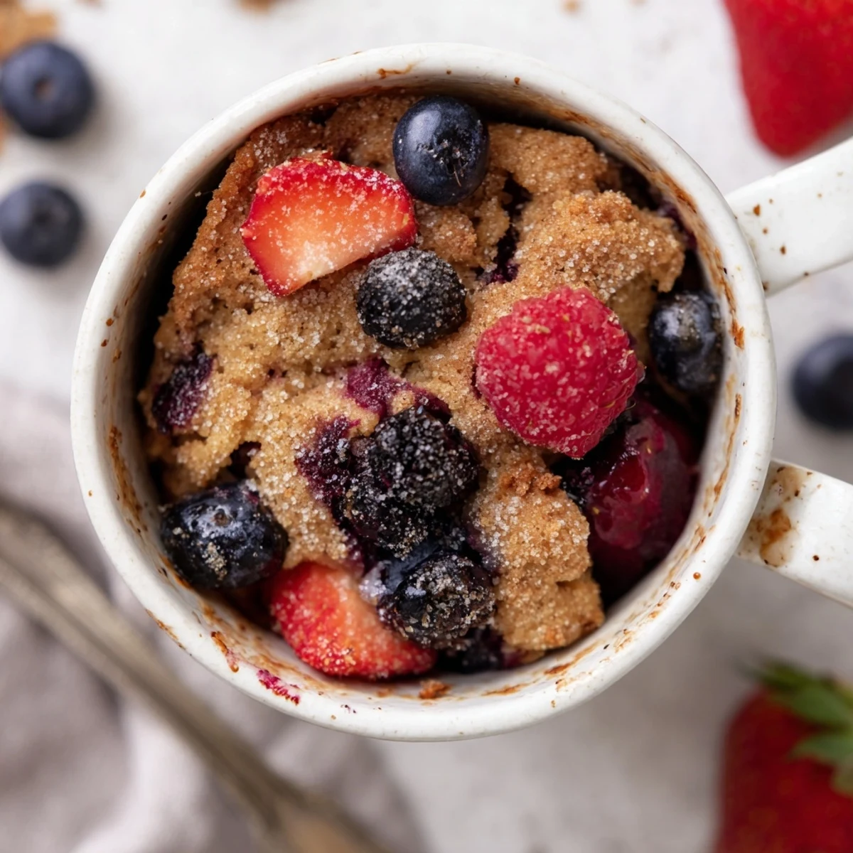 Here are three ALT image texts for the Mixed Berry Cobbler Mug Cake, following all requirements: