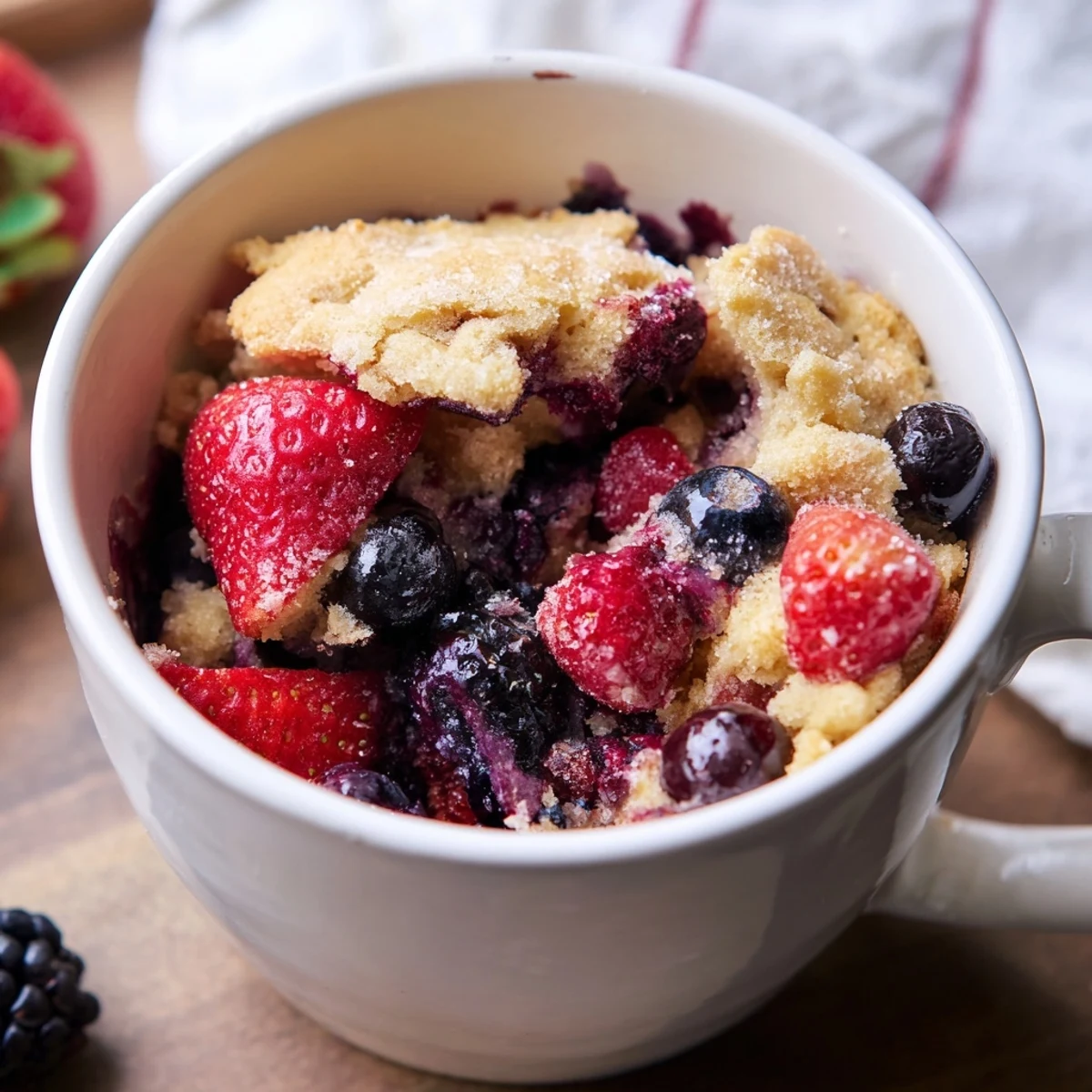 Steaming Mixed Berry Cobbler Mug Cake, with golden crust, showcasing a quick dessert.