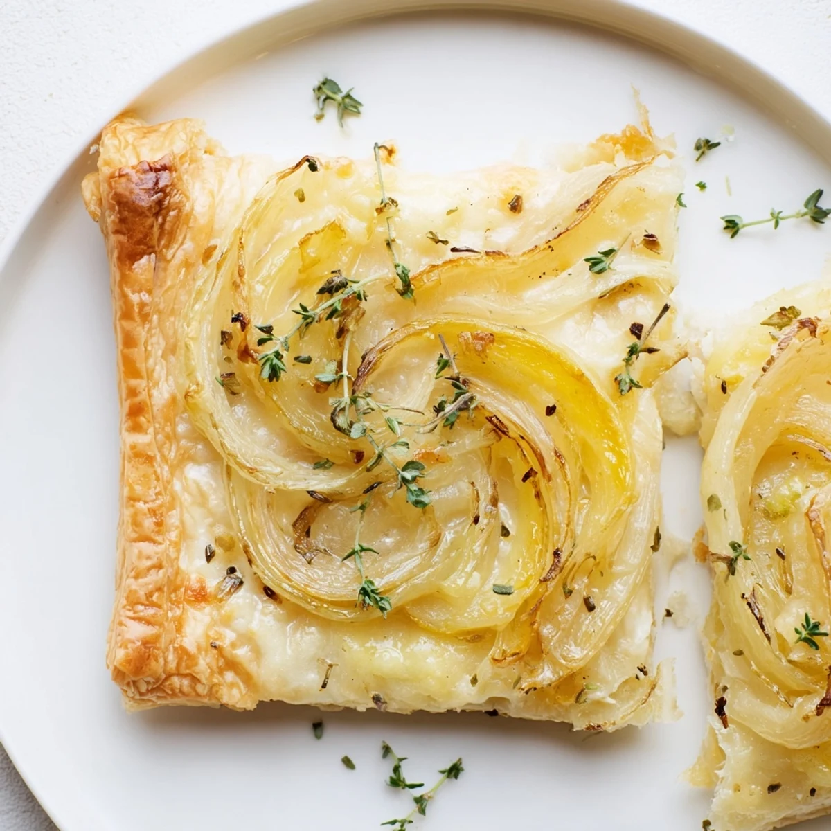 Golden, caramelized onions topping a flaky Caramelized Onion Tart, ready for a delicious appetizer.