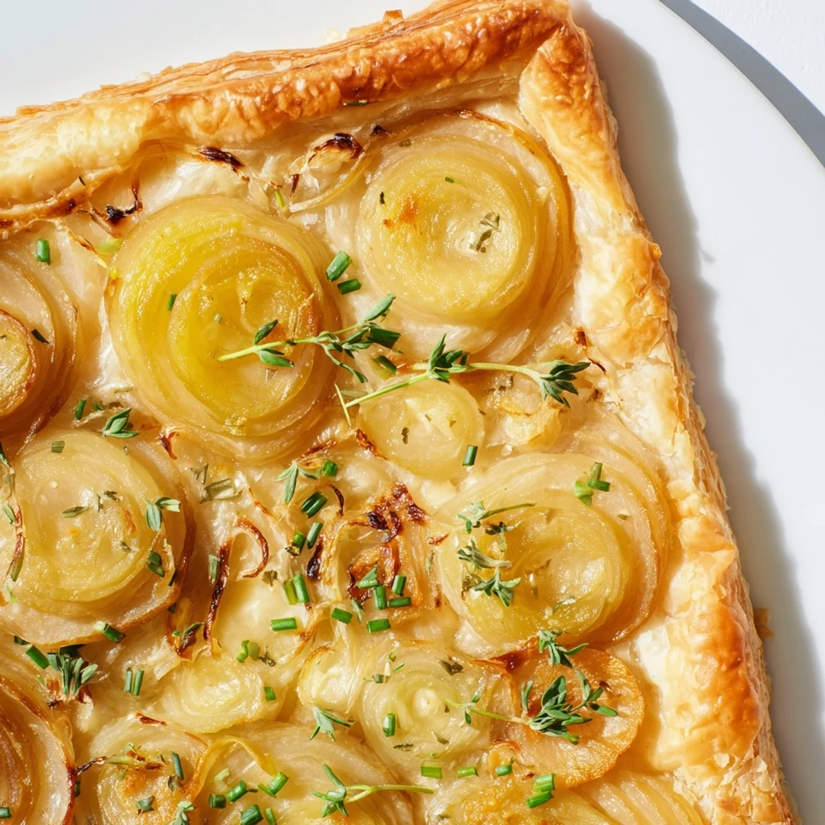 A freshly baked Caramelized Onion Tart with bubbly cheese and a stunning, rustic presentation.