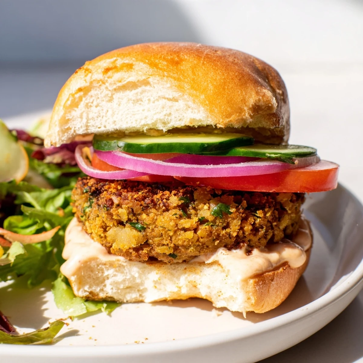 Golden-brown, baked falafel sliders, stacked high with fresh veggies and creamy tahini sauce, ready to eat.