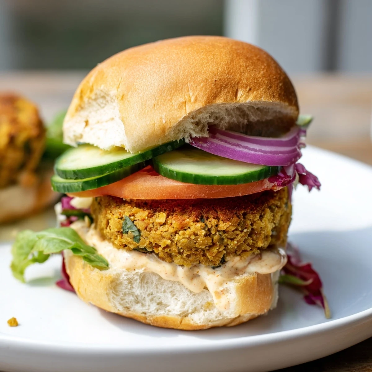 A hearty plate of baked falafel sliders, offering a vibrant mix of textures and flavors, perfect for lunch.