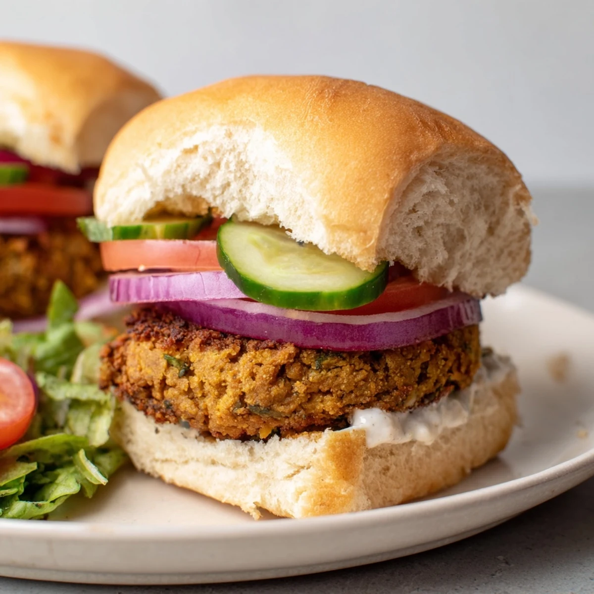 Close-up of freshly baked falafel sliders, showcasing a delicious Middle Eastern vegetarian meal, ready to serve.