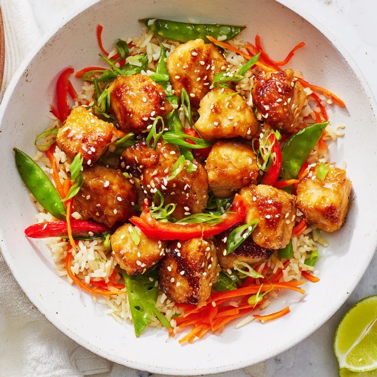 Saftige Sesame-Ginger Rice Bowl mit gegrilltem Hähnchen und Gemüse, angerichtet auf Reis.