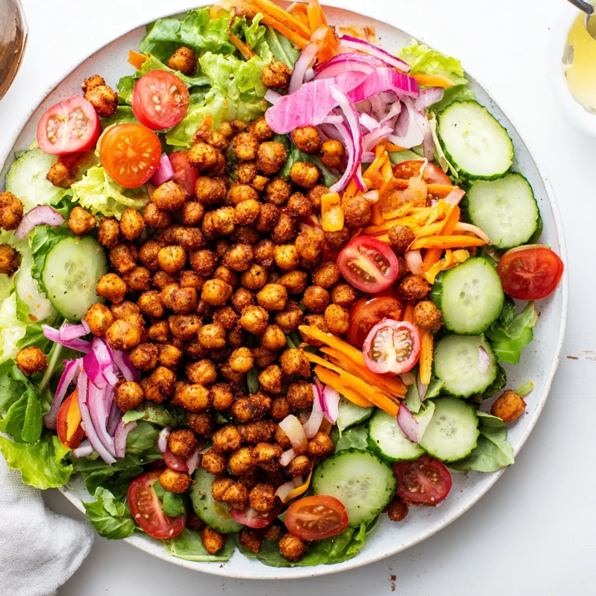 A colorful mixed greens salad, topped with golden, crispy chickpea croutons ready to eat.