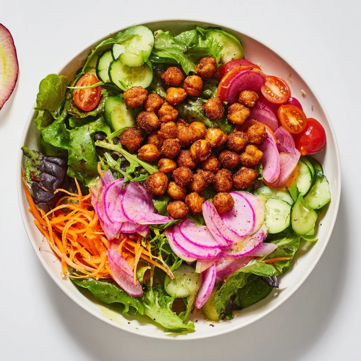 Close-up of a refreshing mixed greens salad with crispy chickpea croutons, a healthy vegan meal.