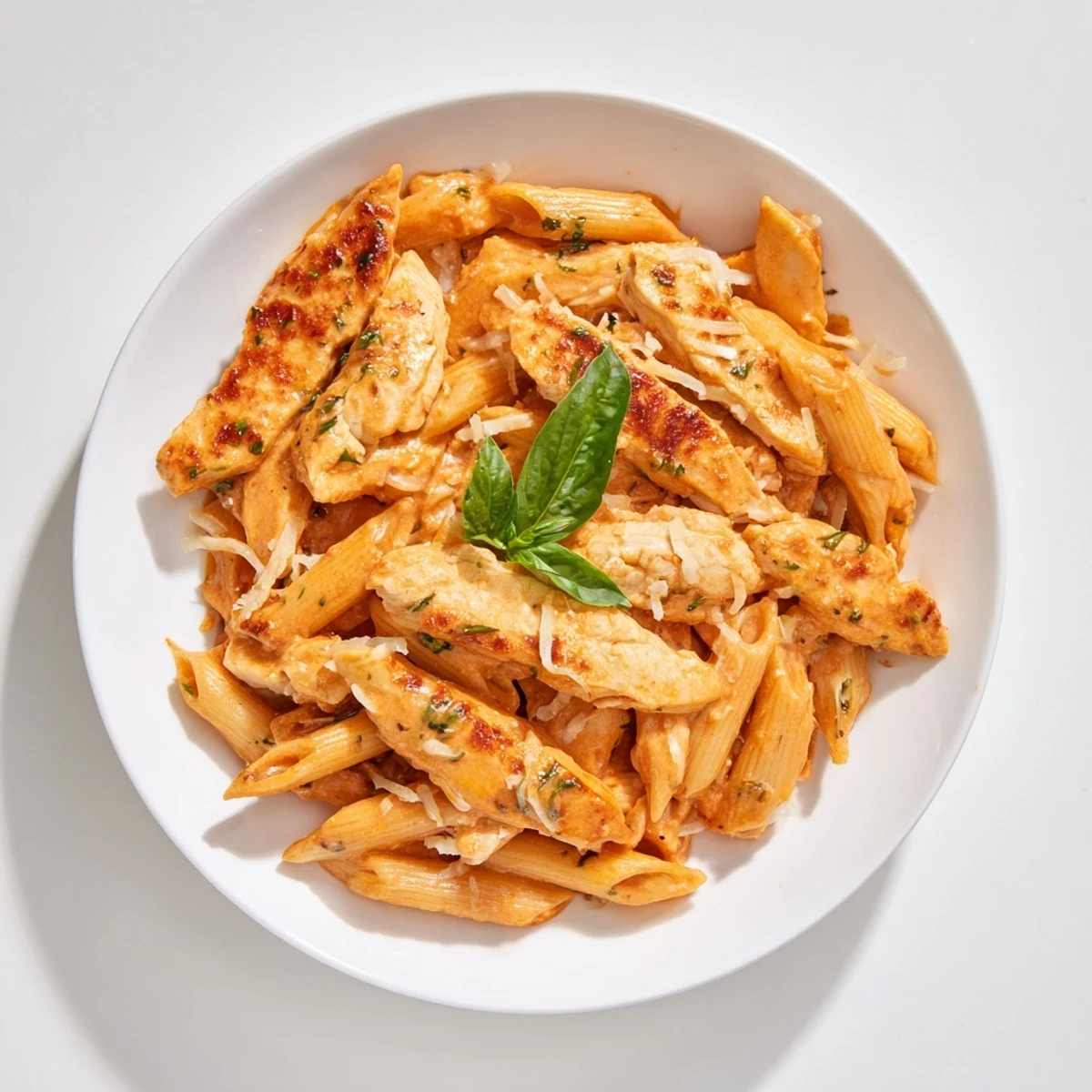 Comforting creamy, savory Creamy Tomato Basil Chicken Pasta, served with a sprinkle of fresh basil leaves.