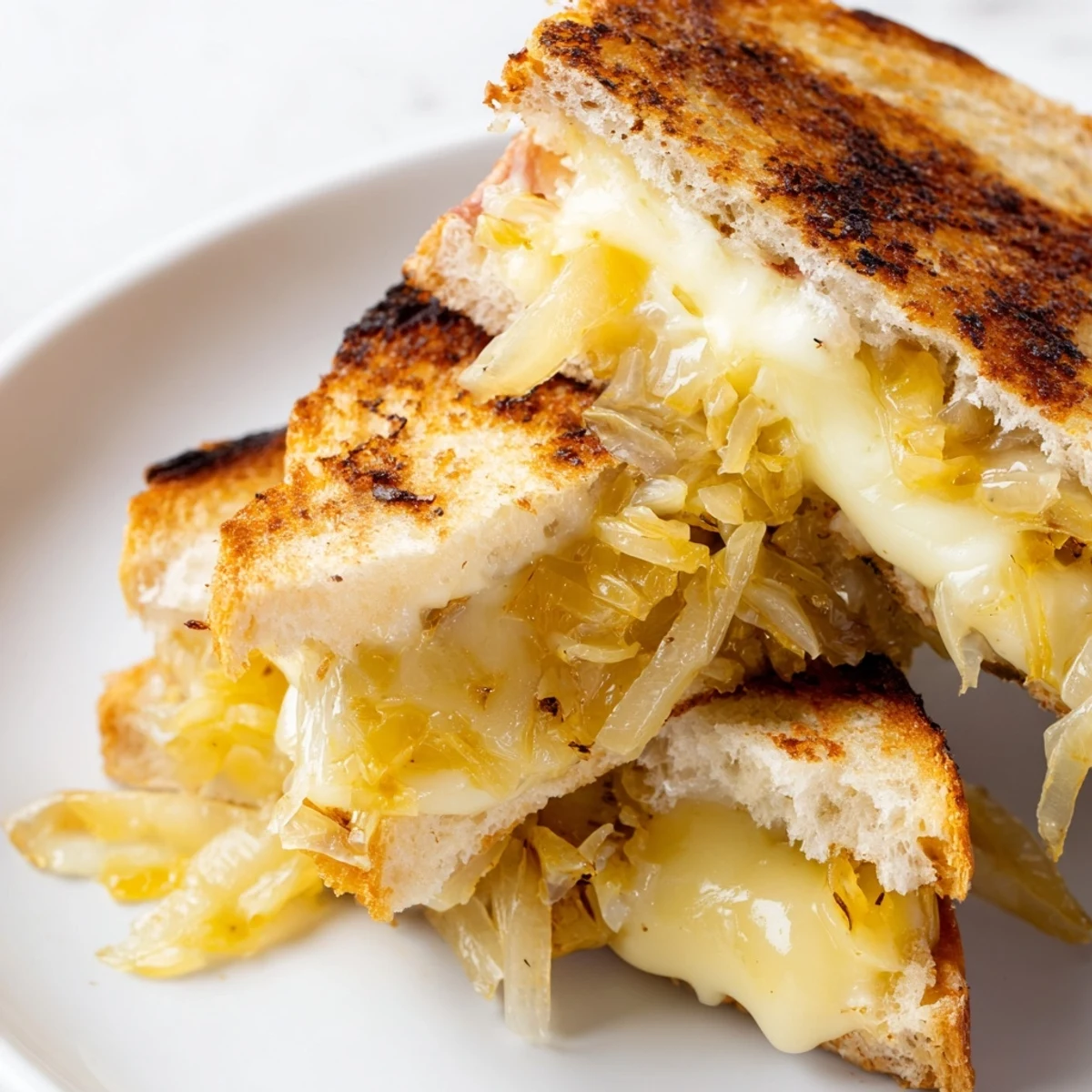 Golden, melty Caramelized Onion and Gruyere Grilled Cheese with bubbling cheese and caramelized onions.