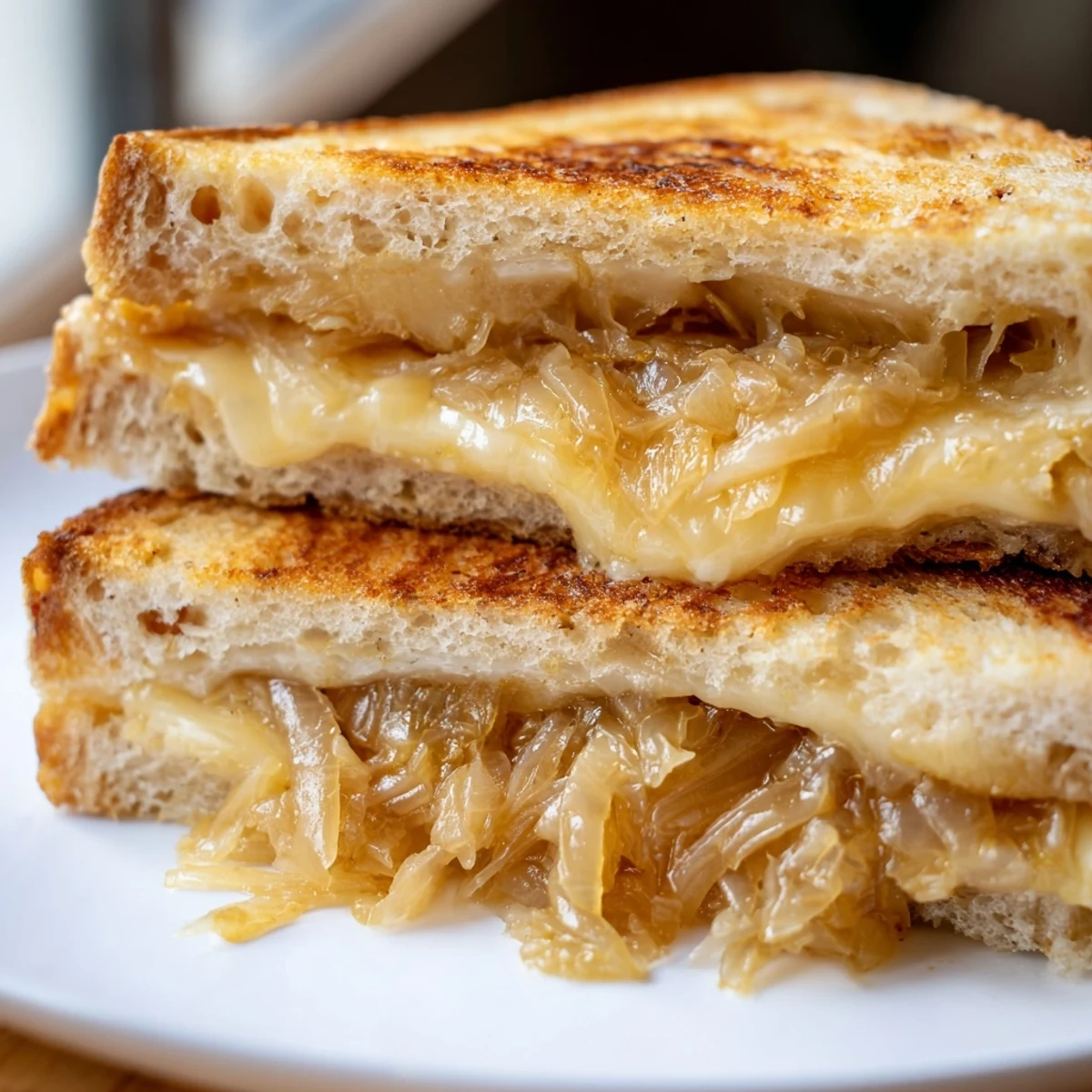 Crisp sourdough embracing the melted Gruyère in this flavorful Caramelized Onion Grilled Cheese sandwich.