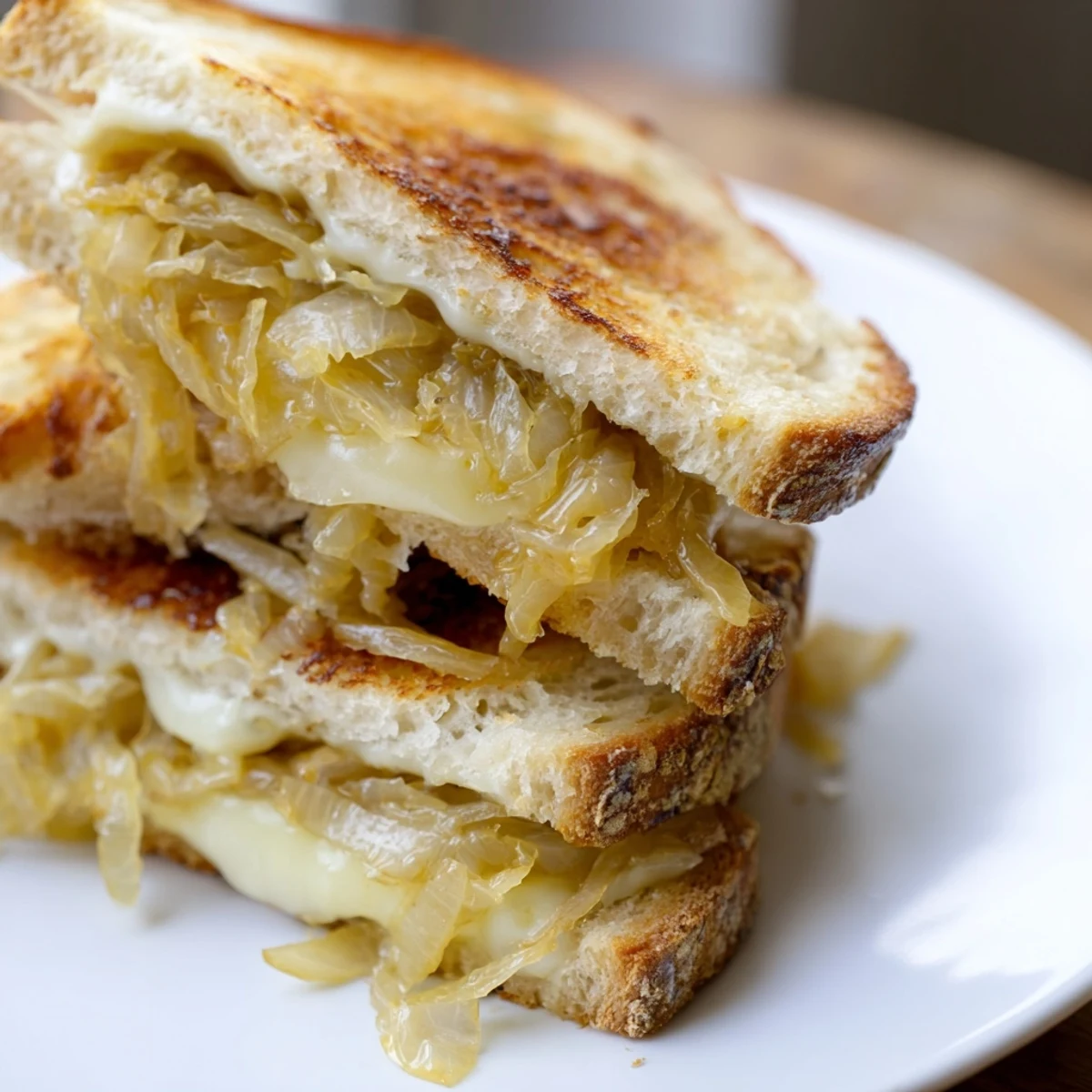 A delicious close-up of a Caramelized Onion and Gruyère Grilled Cheese sandwich, perfect for a cozy lunch.