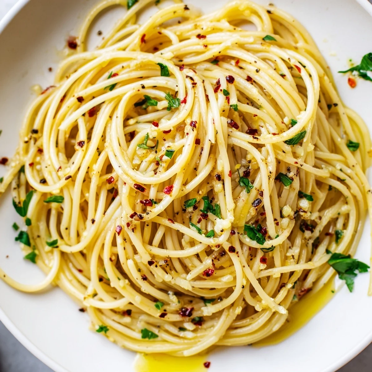Steaming bowl of Aglio e Olio Express Pasta, glistening with olive oil and chili flakes, ready to eat.