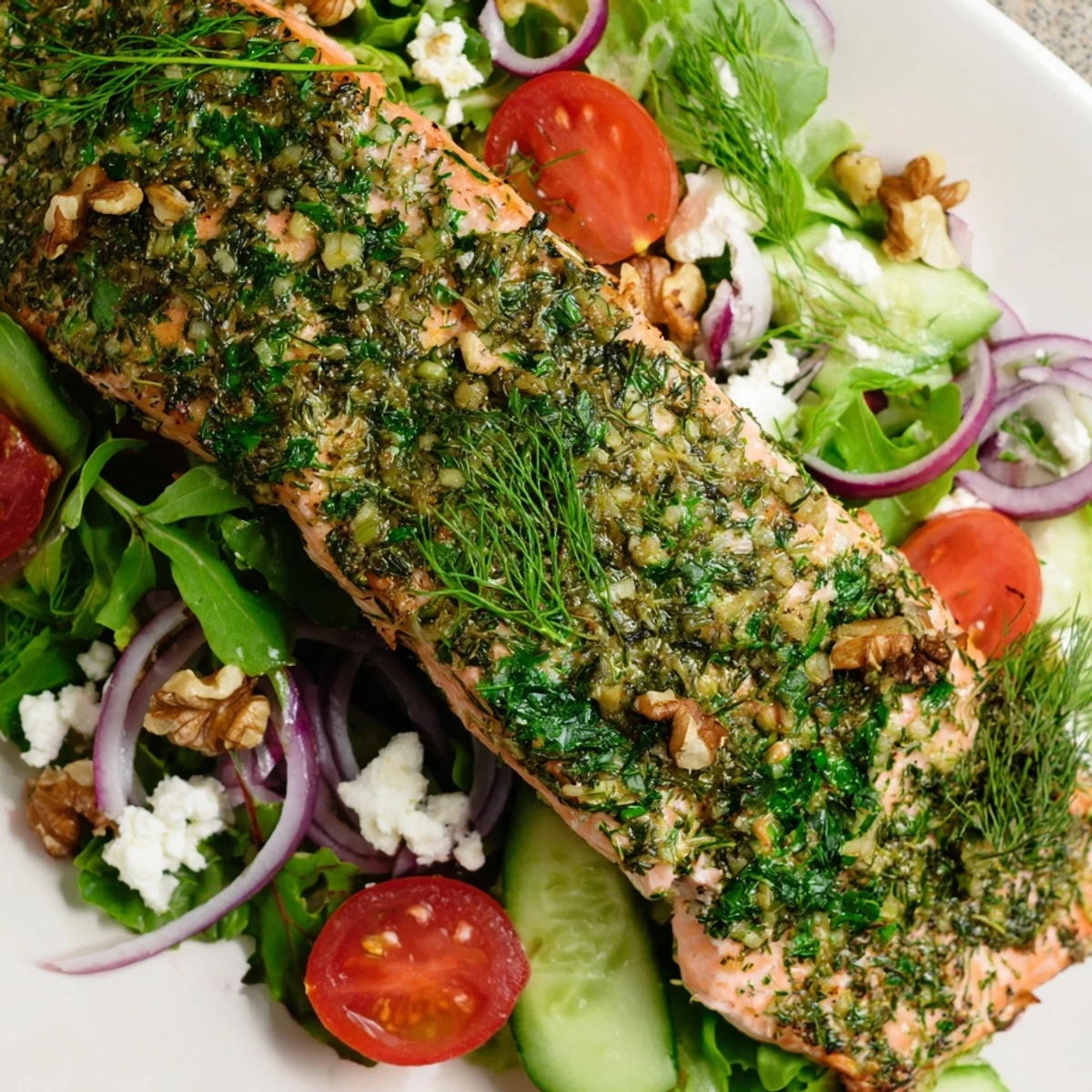 Tender, baked herb-crusted salmon salad, colorful with tomatoes and fresh salad greens.