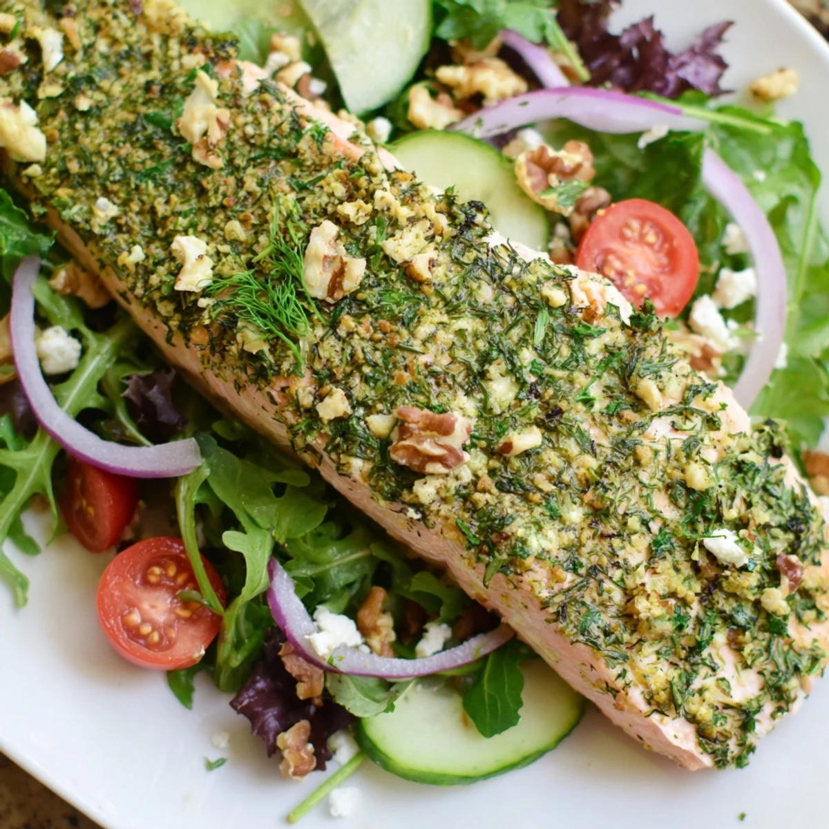 Warm, flaky herb-crusted salmon sits beautifully atop a bed of fresh mixed greens.
